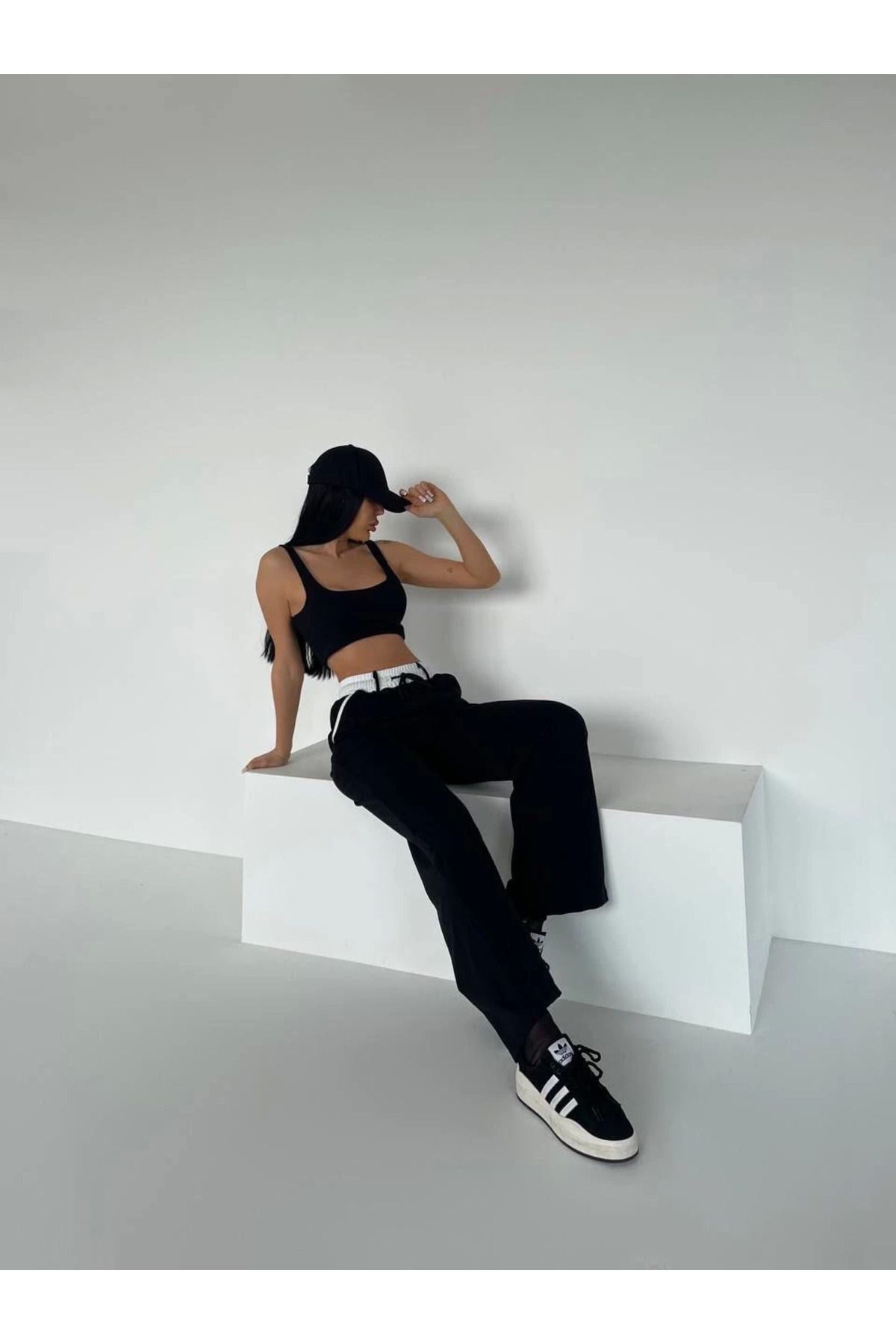 THEFOF Siyah yeni sezon günlük baggy rahat kumaş kadın pantolon