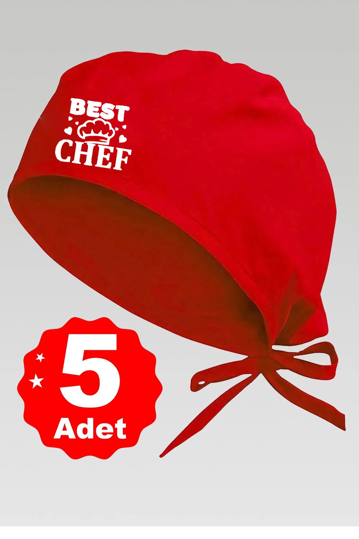 enmalife 5li Şapkalı Best Chef Logo Kırmızı Basklılı Beyaz Özel Tasarım Aşçı Ve Şef Bonesi