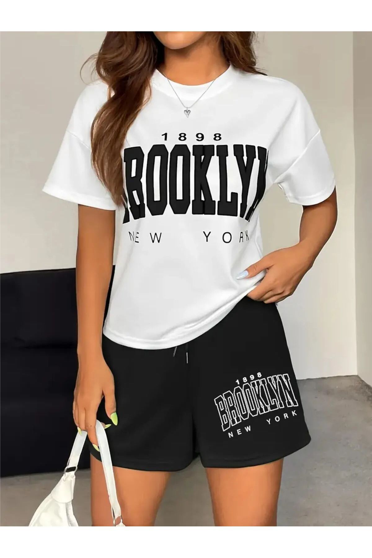 macklin-Women's Brooklyn Printed Special Design Oversize Tshirt and Shorts Bottom - Top Set 3