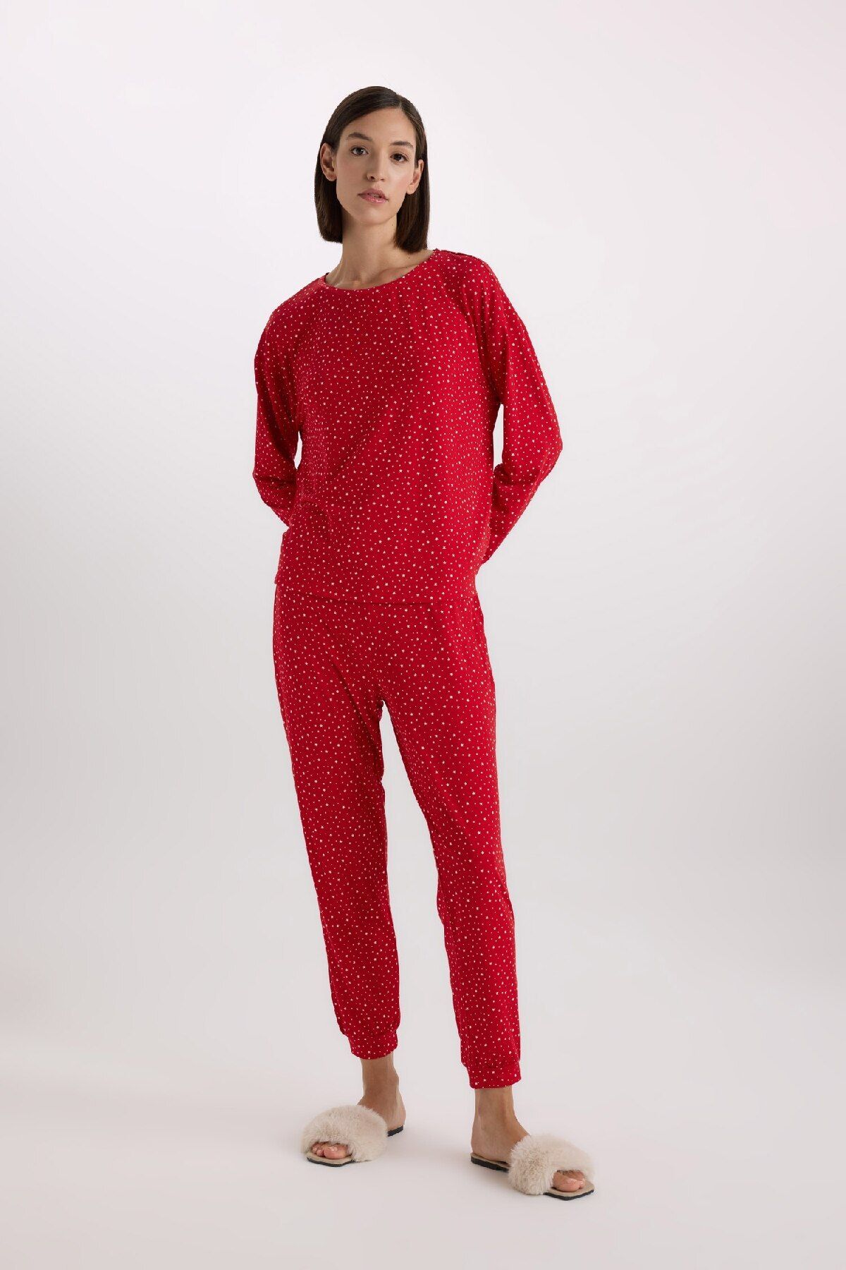 DeFacto-Fall in Love Pajamas Set Softshell Long Sleeve Top Elastic Waist Long Bottom D9183Ax24Wn 2
