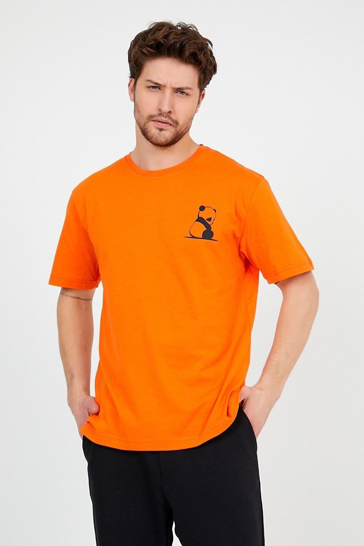 GIANTSTORE Unisex Turuncu Önü Panda Baskılı Bol Kesim Oversize Pamuklu Tshirt