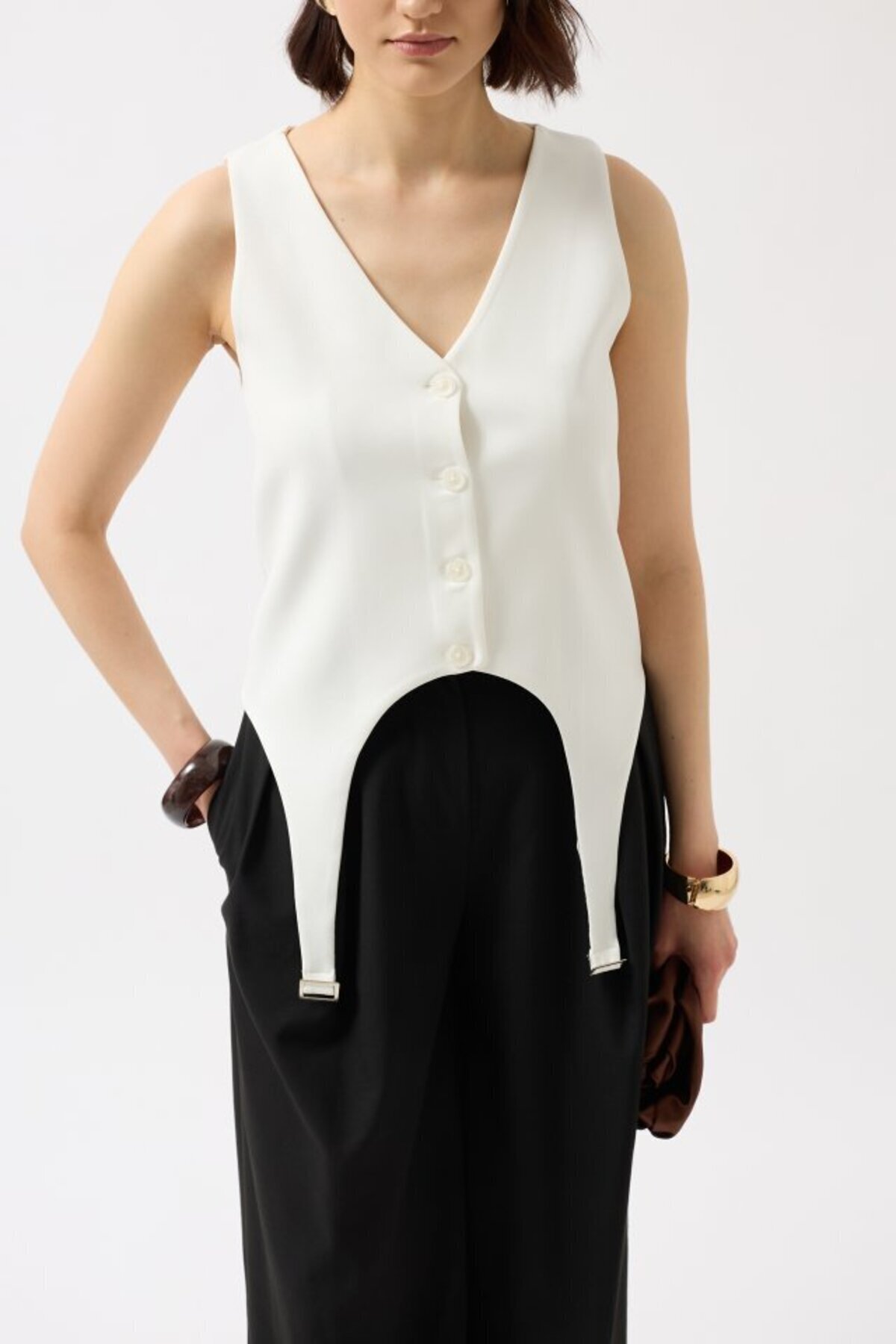 modaserdem-Women's Sleeveless Belt Detail V-Neck Buttoned Vest 3
