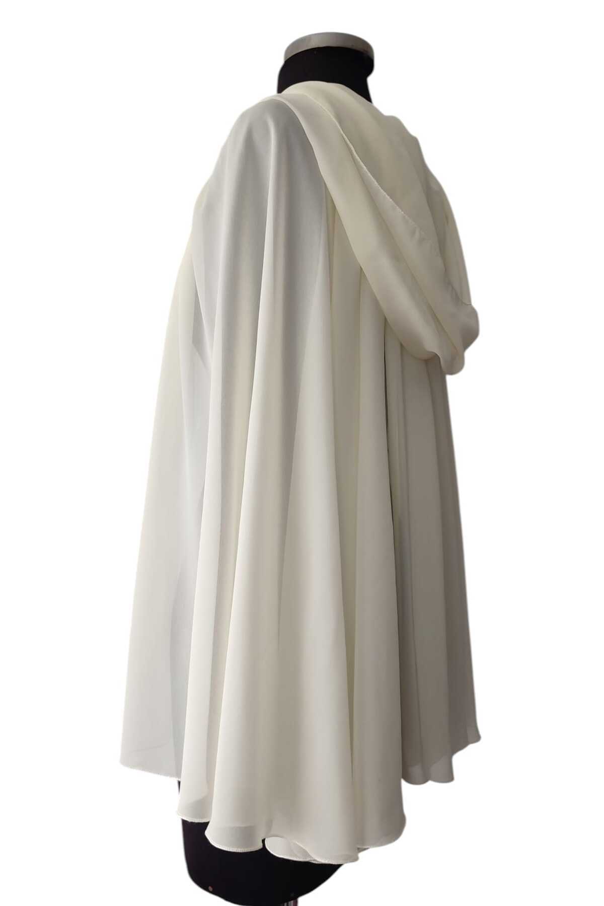 MODA NUR-Cream Colored Bridal Bolero Cape, Chiffon Design with Cap 3