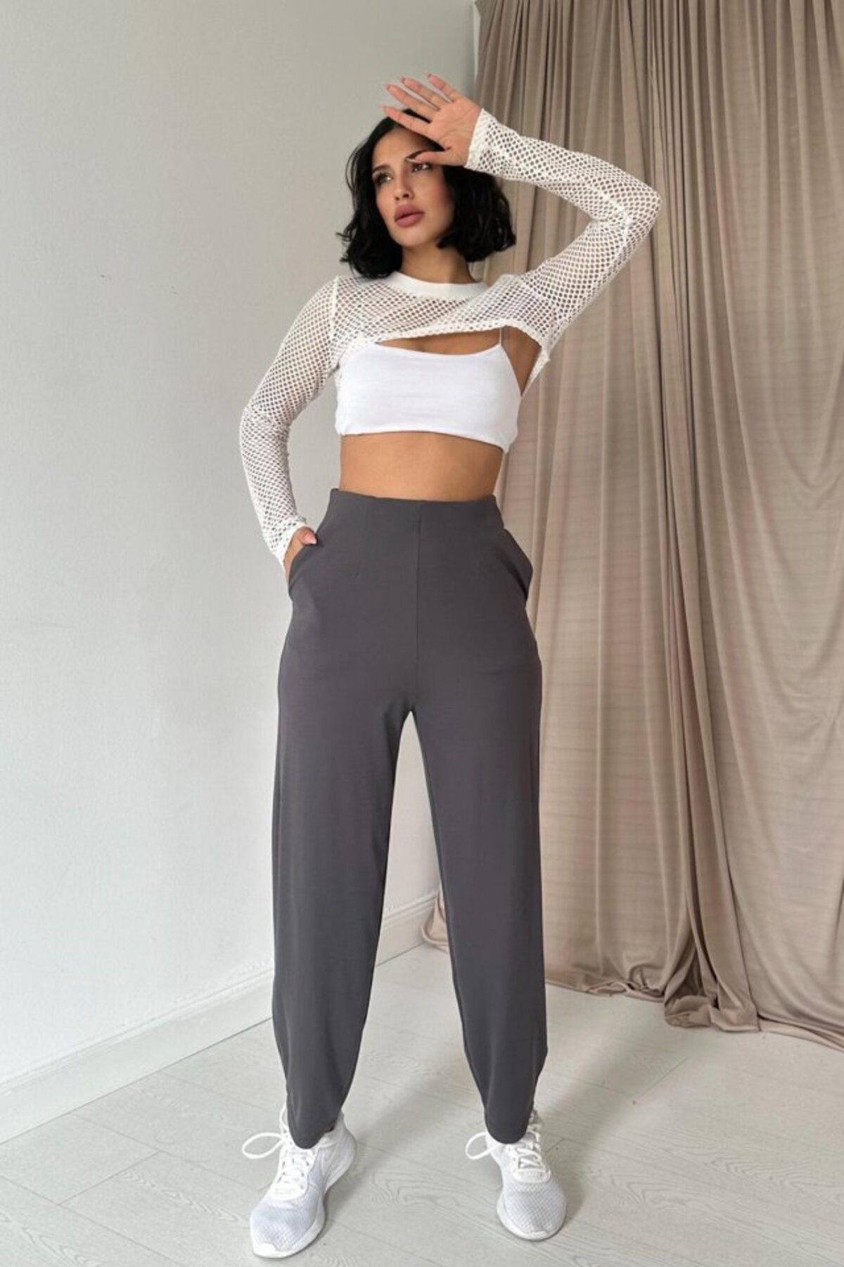 velmorafashion Füme Pensli Lastik Detaylı Pantolon