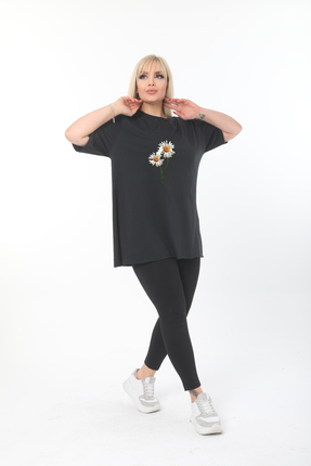 ÇİFTXL Büyük Beden Örme Viskon Siyah Baskılı Salas T-shirt