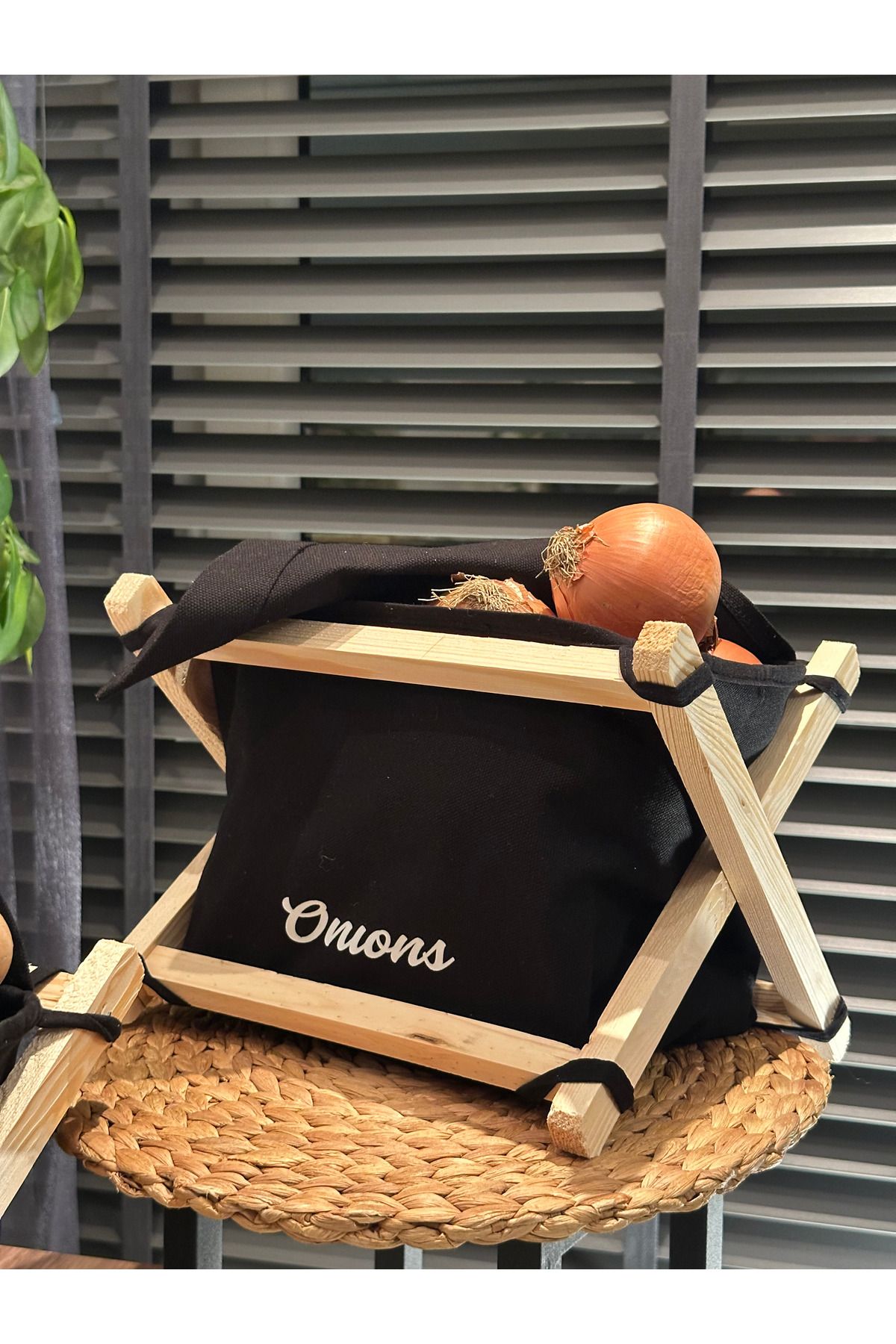 KendsHome Siyah Soğanlık- Soğan Sepeti - Ahşap & Kanvas, 6 KG Kapasiteli