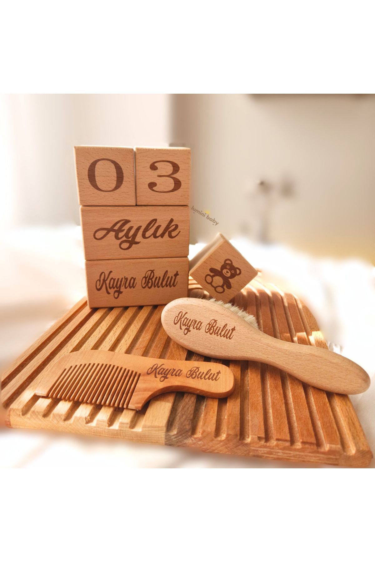 Lumini Baby-Set of 2 Wooden Memory Cubes and Comb with Holder (Personalized) 6