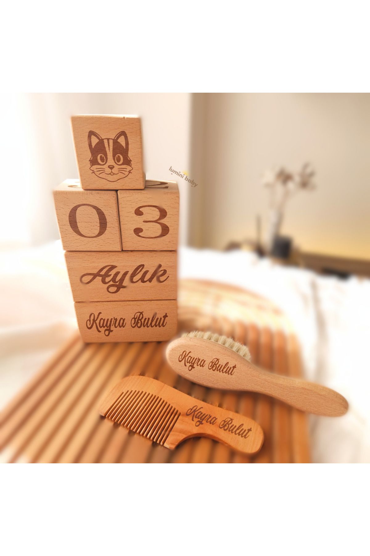 Lumini Baby-Set of 2 Wooden Memory Cubes and Comb with Holder (Personalized) 2