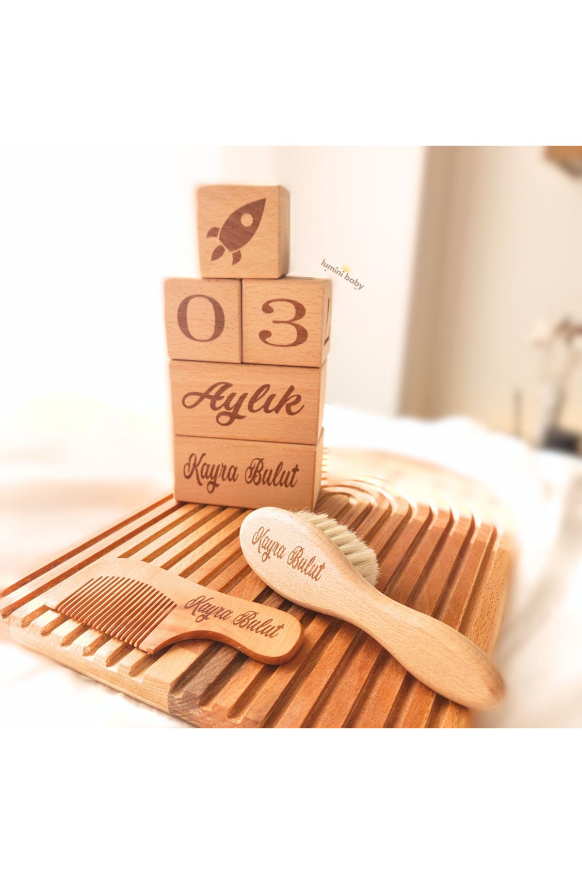 Lumini Baby-Set of 2 Wooden Memory Cubes and Comb with Holder (Personalized) 5