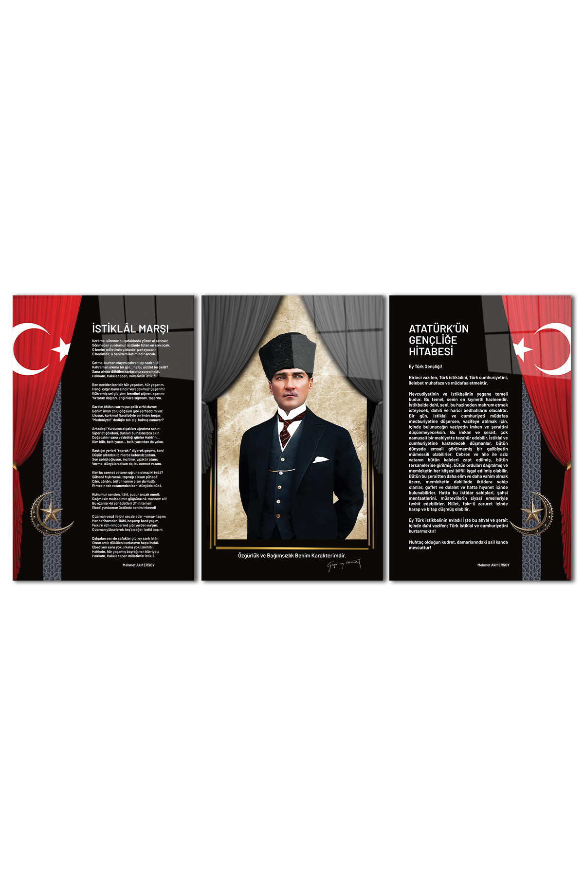 ATATÜRK GENÇİLEĞE HİTABE VE İSTİKLALMARŞI 3 PARÇA CAM TABLO