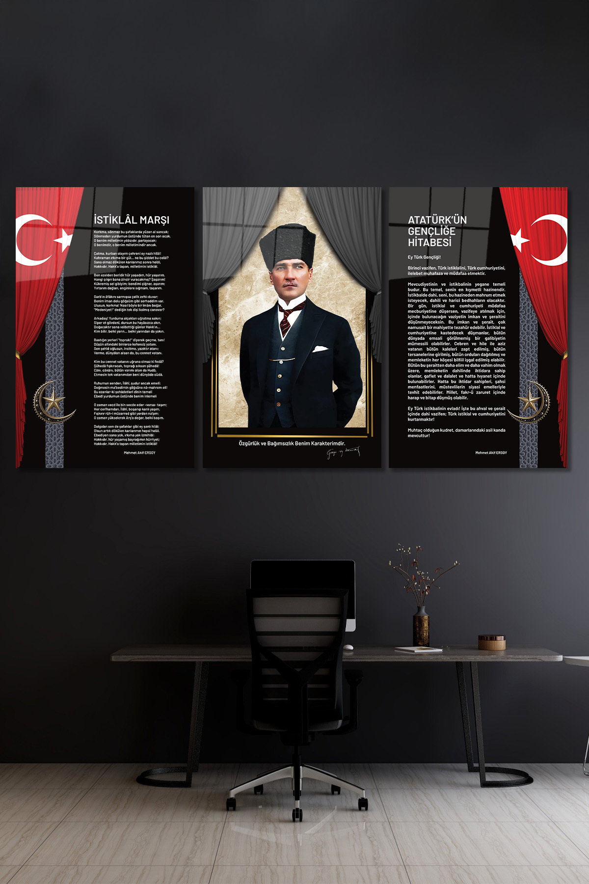 ATATÜRK GENÇİLEĞE HİTABE VE İSTİKLALMARŞI 3 PARÇA CAM TABLO görsel 4