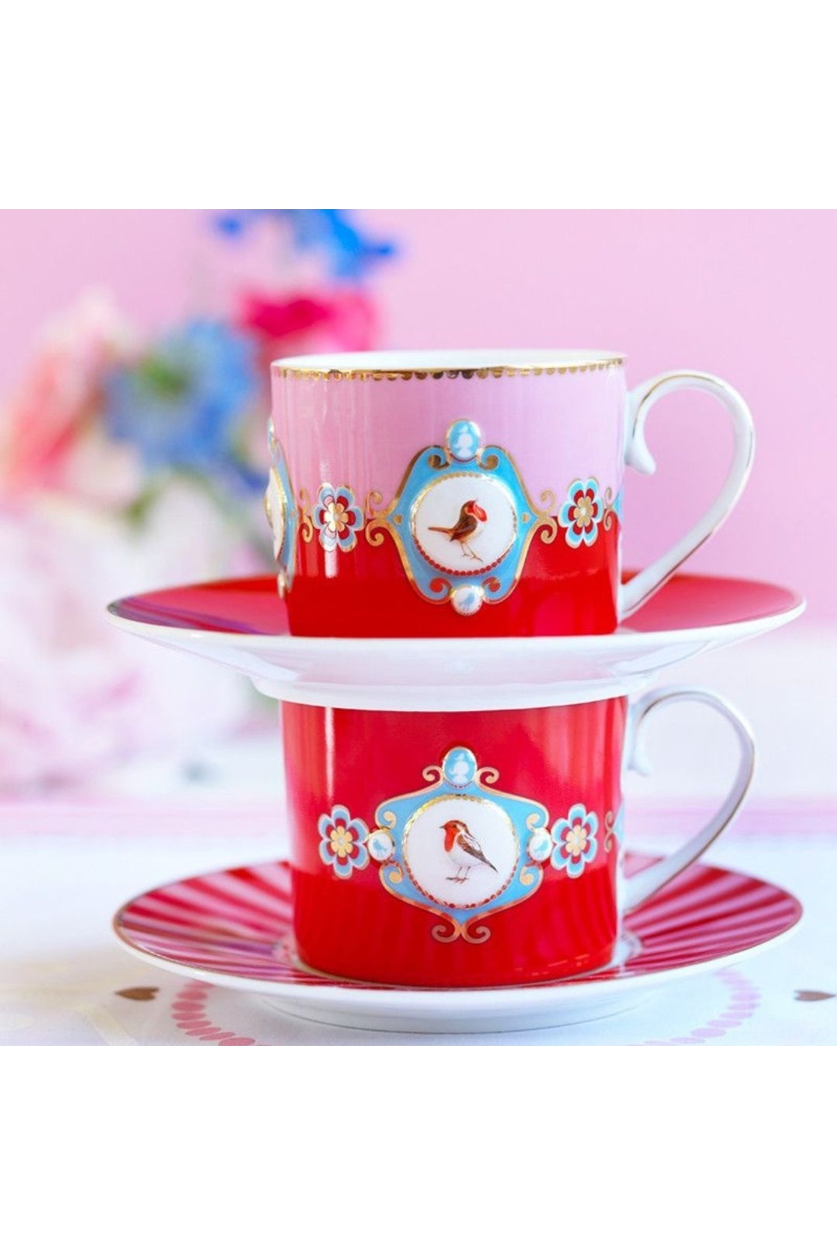Pip Studio-Cană porțelan, Pip Studio, Red and Pink, 150ml, colecția Love Birds 3