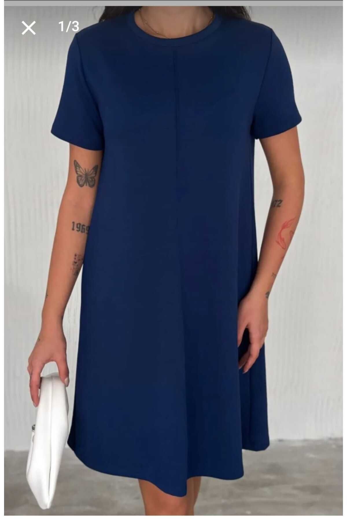 aryam butik-Women's Round Neck Short Sleeve Modal Fabric Short Dress with Sewing Detail on the Front 3