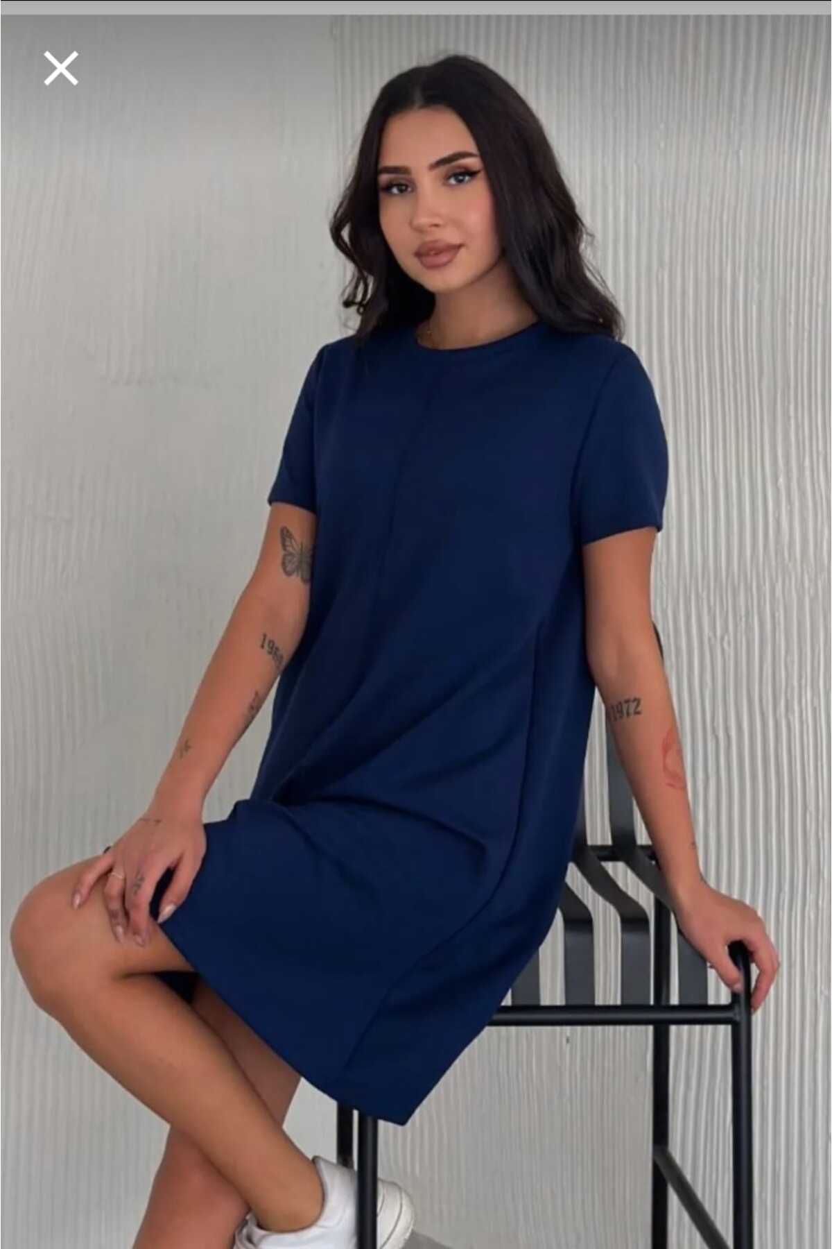 aryam butik-Women's Round Neck Short Sleeve Modal Fabric Short Dress with Sewing Detail on the Front 1