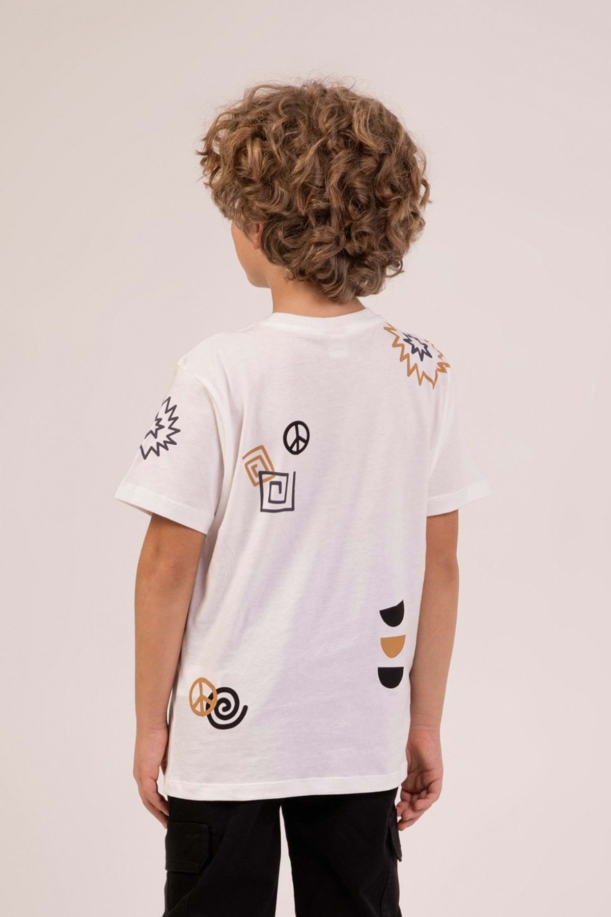 wakawakakidsstore-Tricou pentru băiat cu decolteu rotund cu imprimeu în față și în spate - Ecru 2