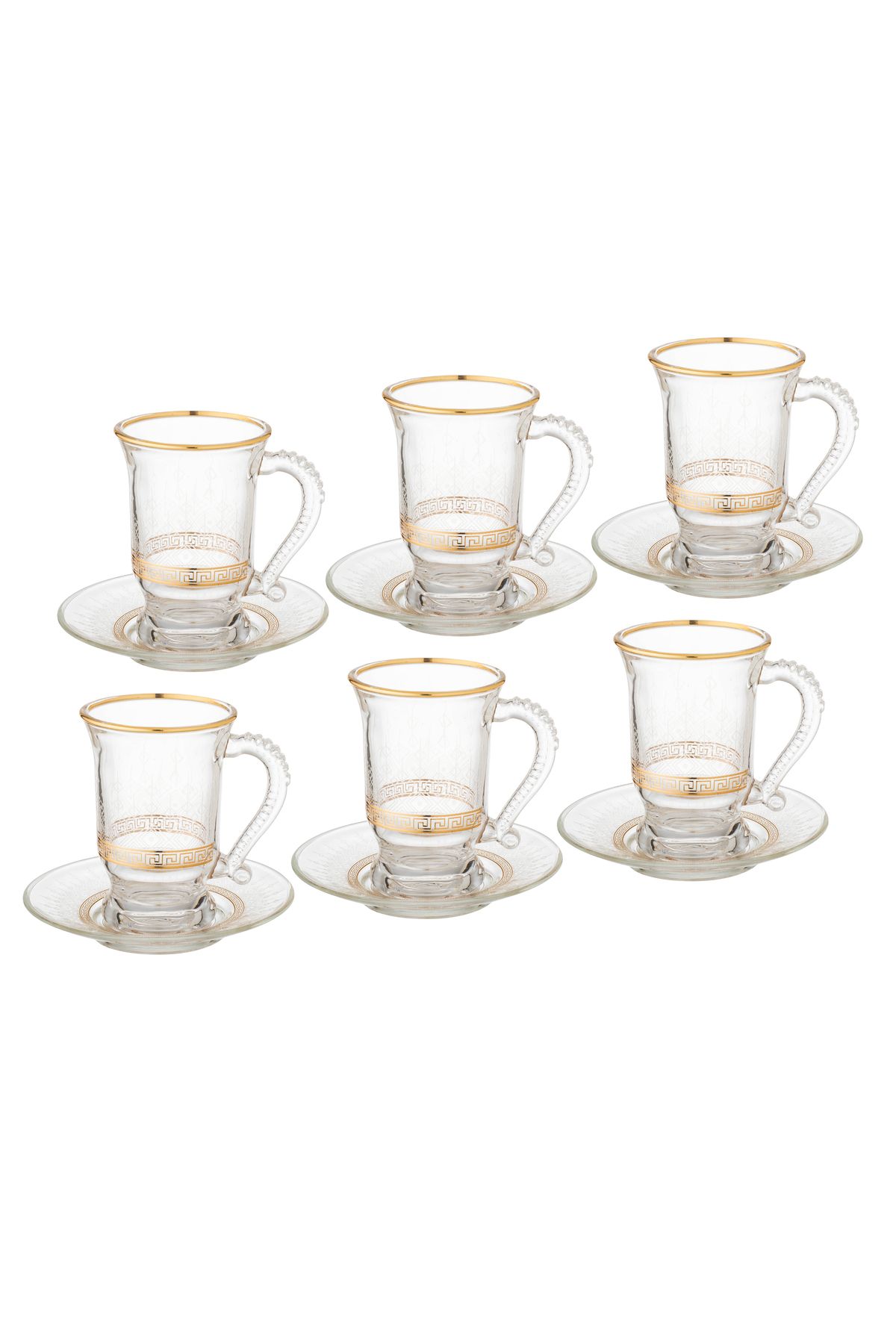 Dania-Clear glass teacup and saucer set with exquisite gold engraving, consisting of 6 teacups and 6 saucers 1