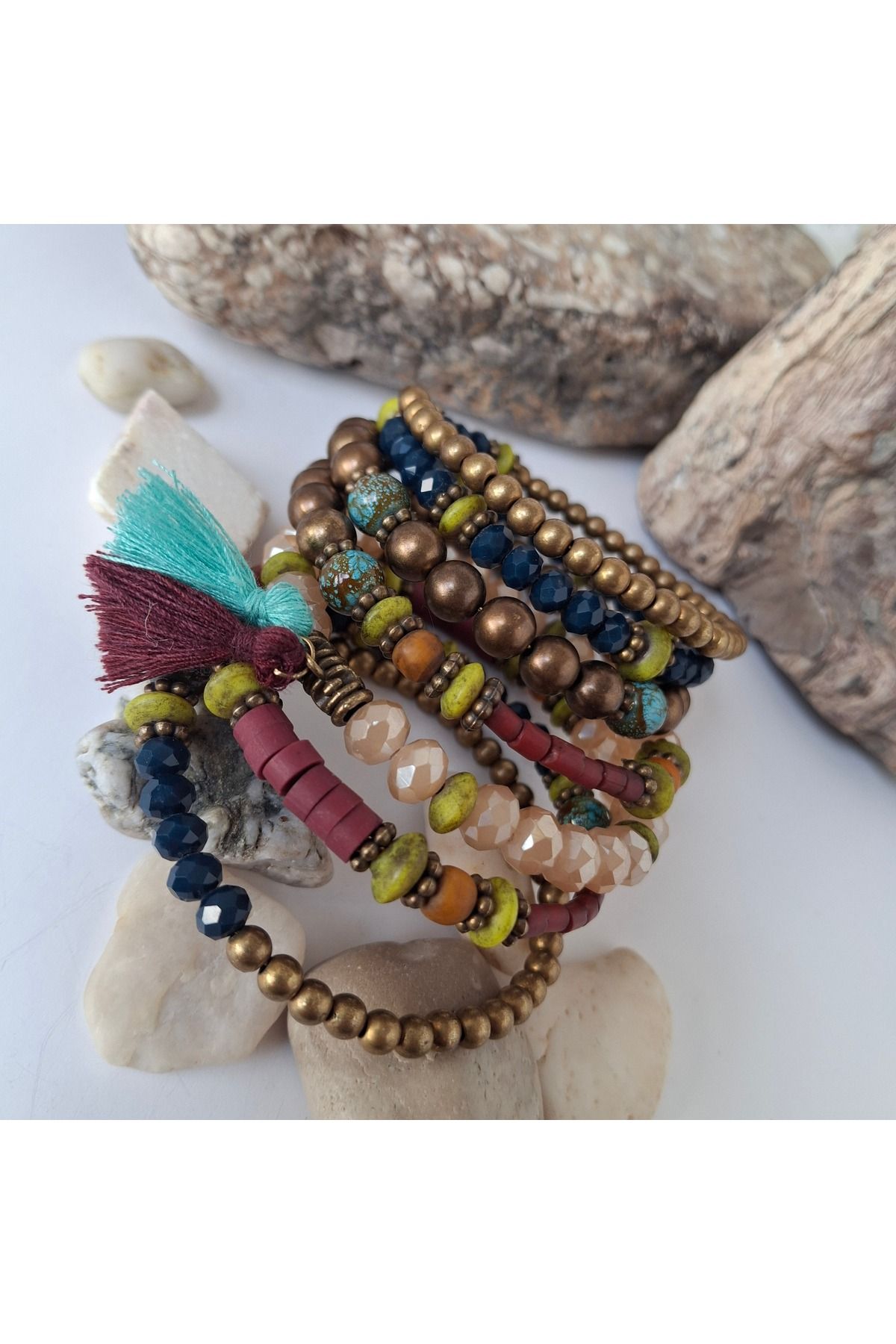azra takı tasarım-Bohemian Authentic Multiple Bracelet Set with Crystal and Lava Stone Detail 2