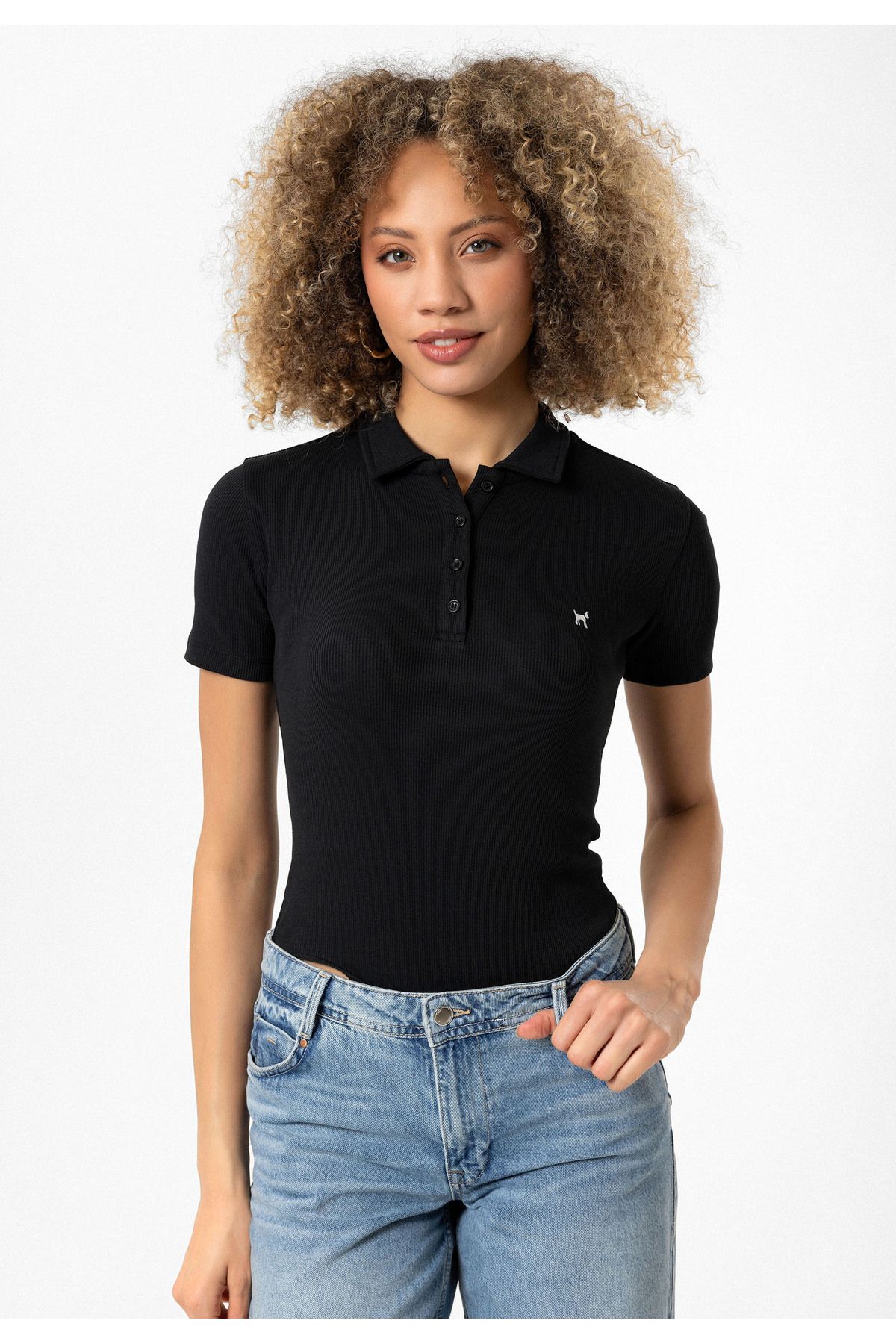 Williot-Magdalena Women's Slim Fit Lycra Short Sleeve Buttoned Polo Neck Bodysuit Blouse 5