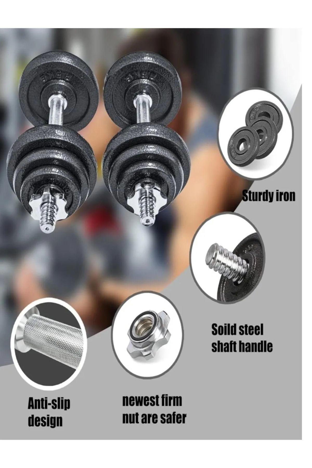 Fitness World-2-in-1 barbell dumbbell set, dumbbell set with adjustable weights, 30 kg, silver 2