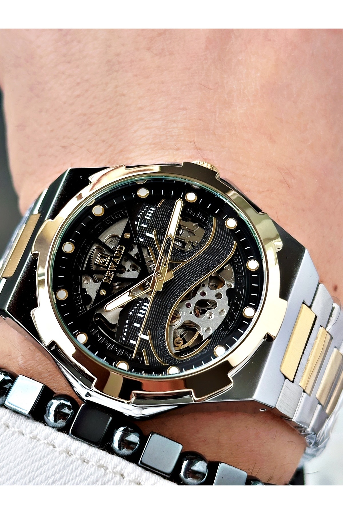 Reward-Gold Silver Color Kaaba Pattern Automatic Mechanism Men Wristwatch + Bracelet 1