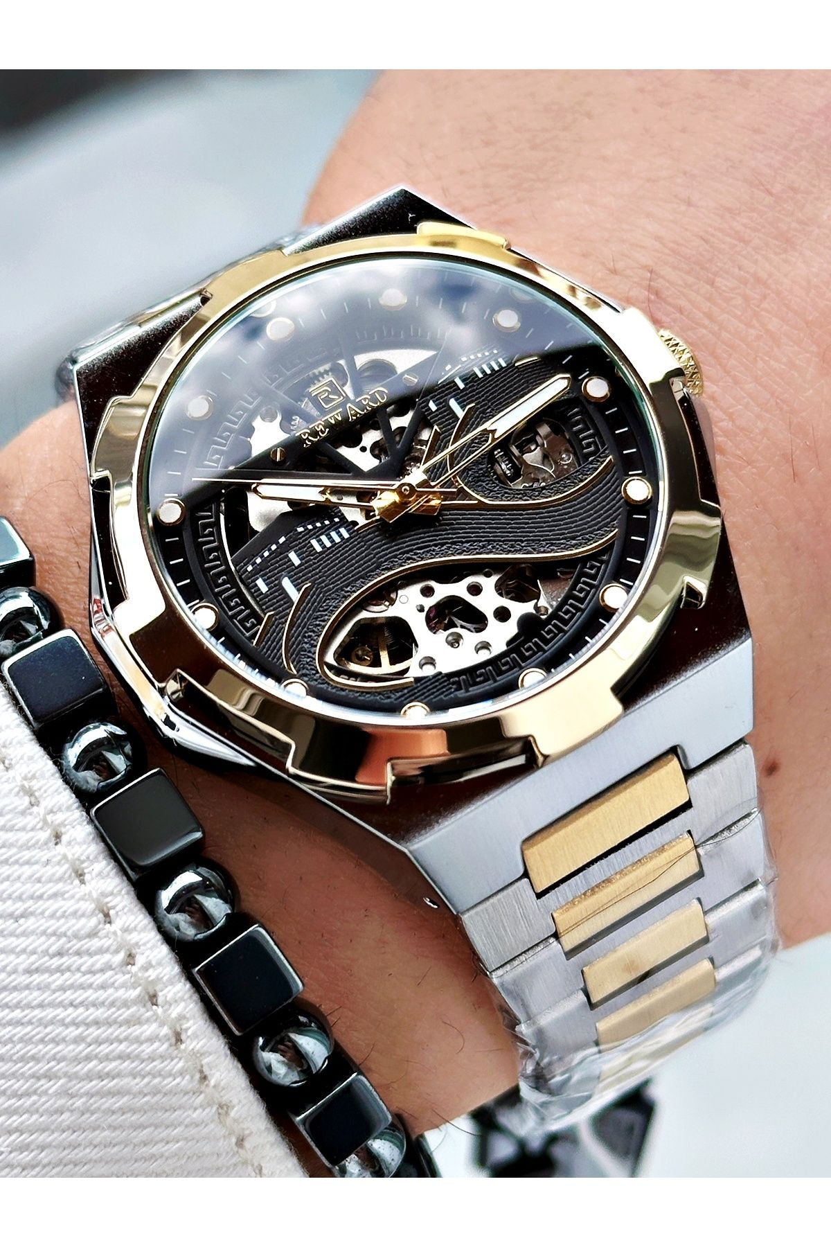 Reward-Gold Silver Color Kaaba Pattern Automatic Mechanism Men Wristwatch + Bracelet 4