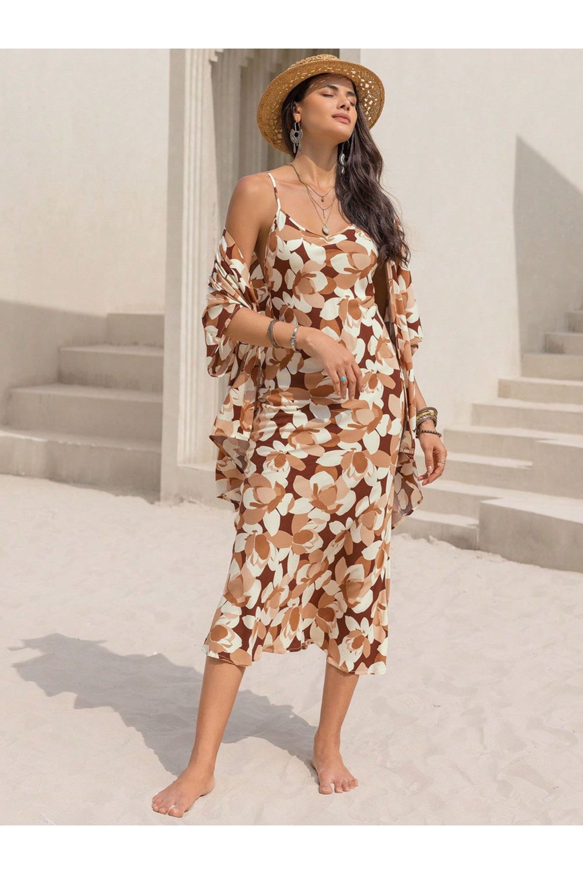 Russty Dustty By Styli-All-Over Print Strappy Midi Dress with Open Front Cardigan Set 4