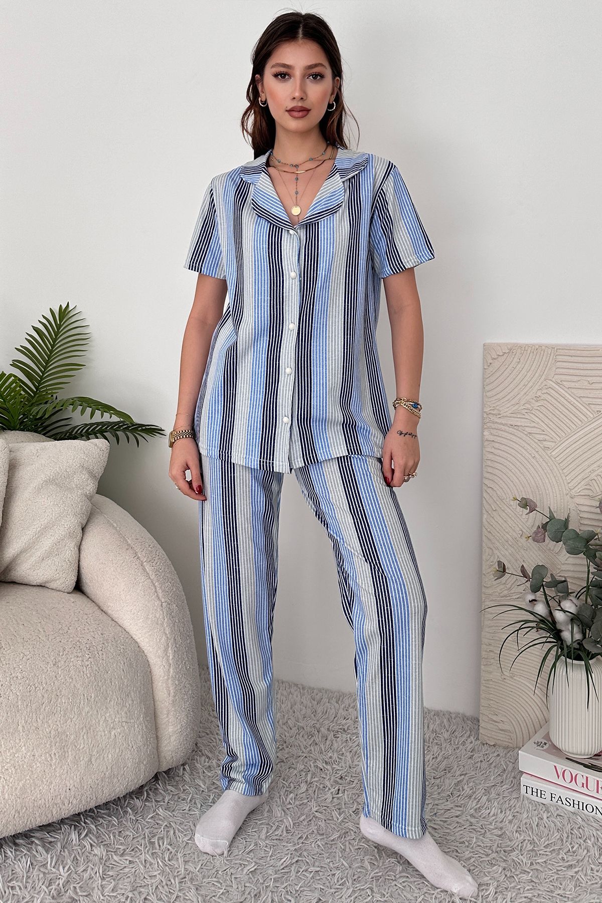 EYYE-Set pijamale de damă din bumbac alb albastru 4
