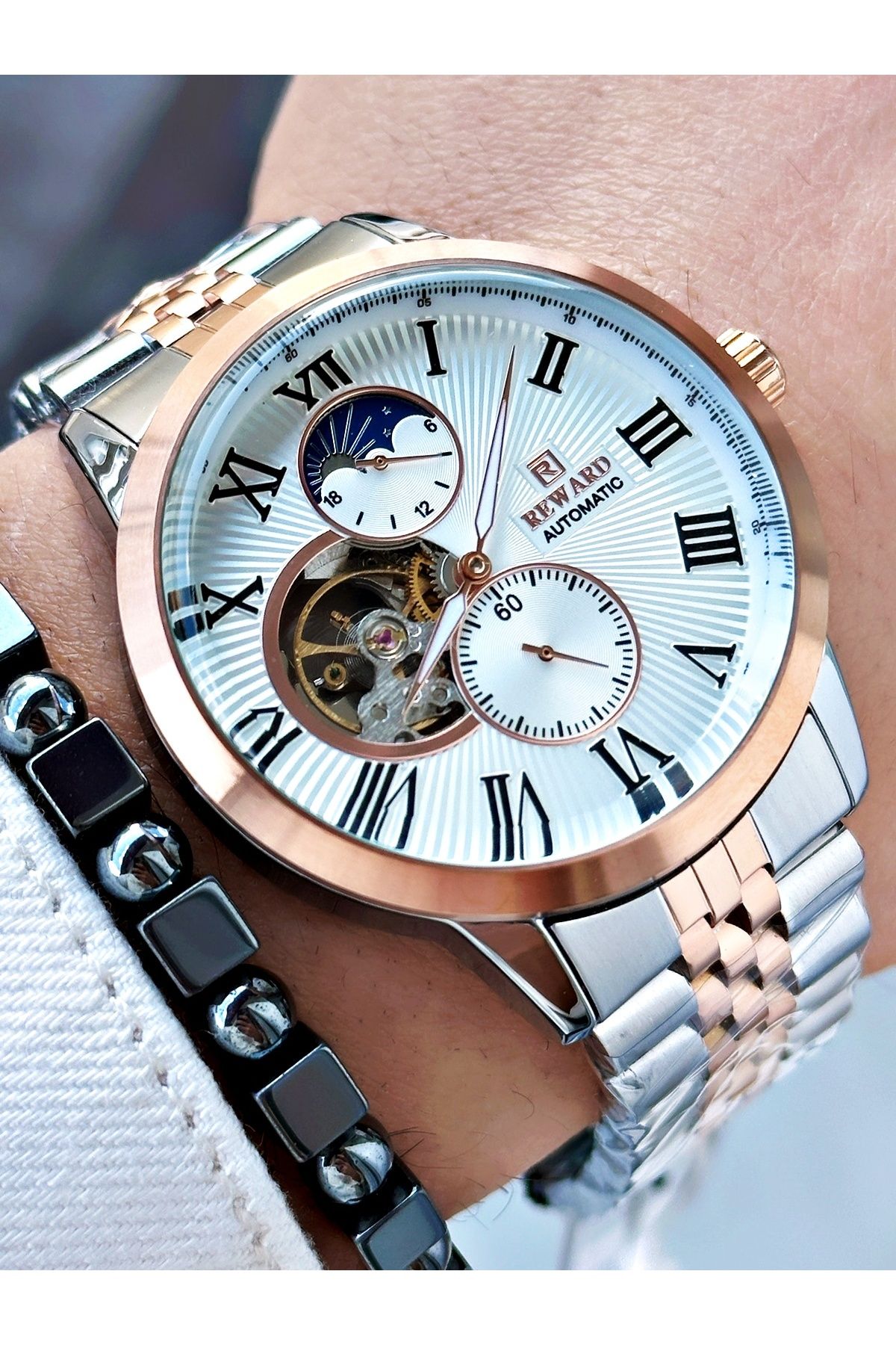 Reward-Rose Gold Silver Color Automatic Mechanism Roman Numeral Men Wrist Watch + Bracelet 1