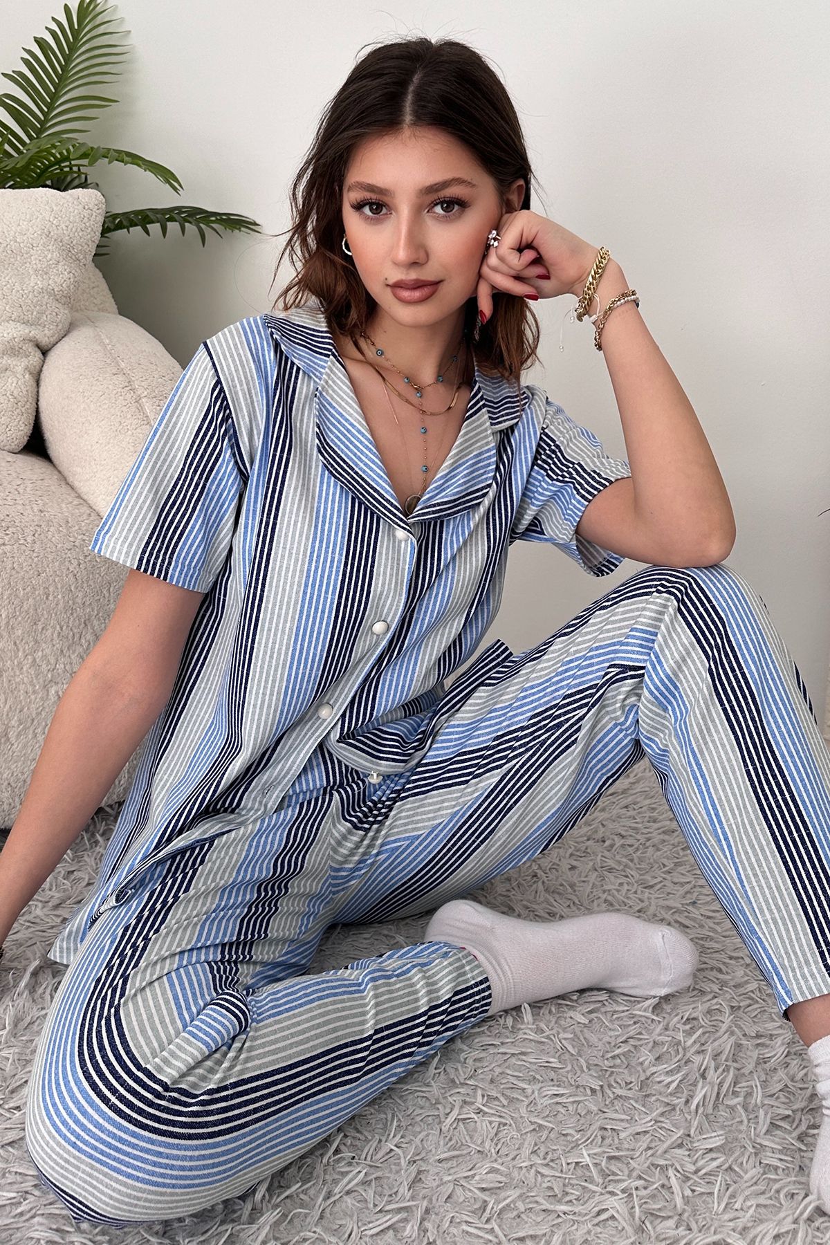 EYYE-Set pijamale de damă din bumbac alb albastru 3