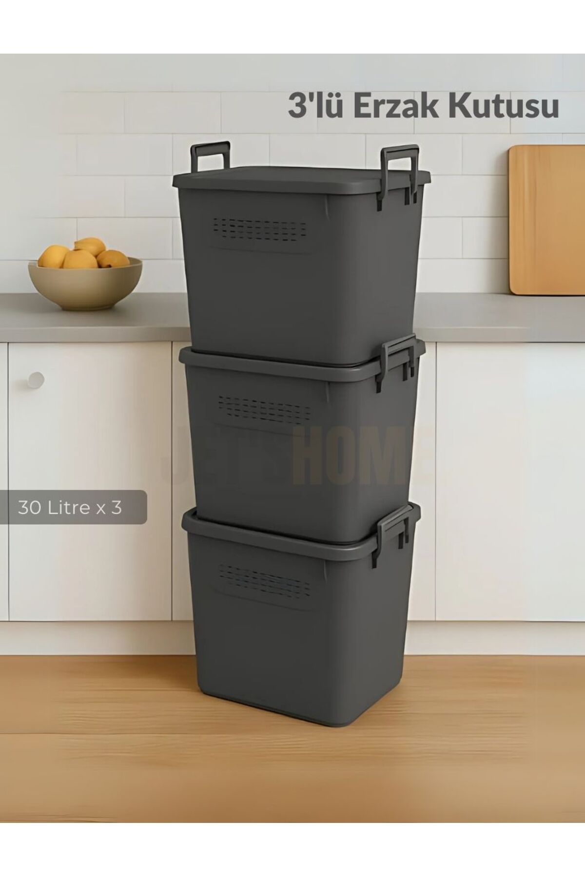 Jet's Home 3’lü Set Soğanlık Sepet Havalandırmalı Erzak Kutusu Bpa Free Sebzelik Saklama Kutusu Antrasit 90 Lt