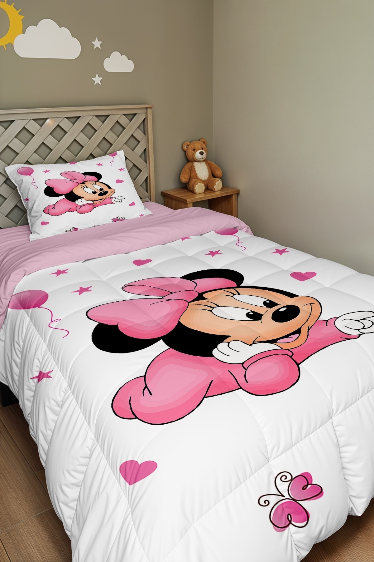 EVPANYA Pembe Minnie Desenli Tek Kişilik Yorgan ve Yastık Kılıfı