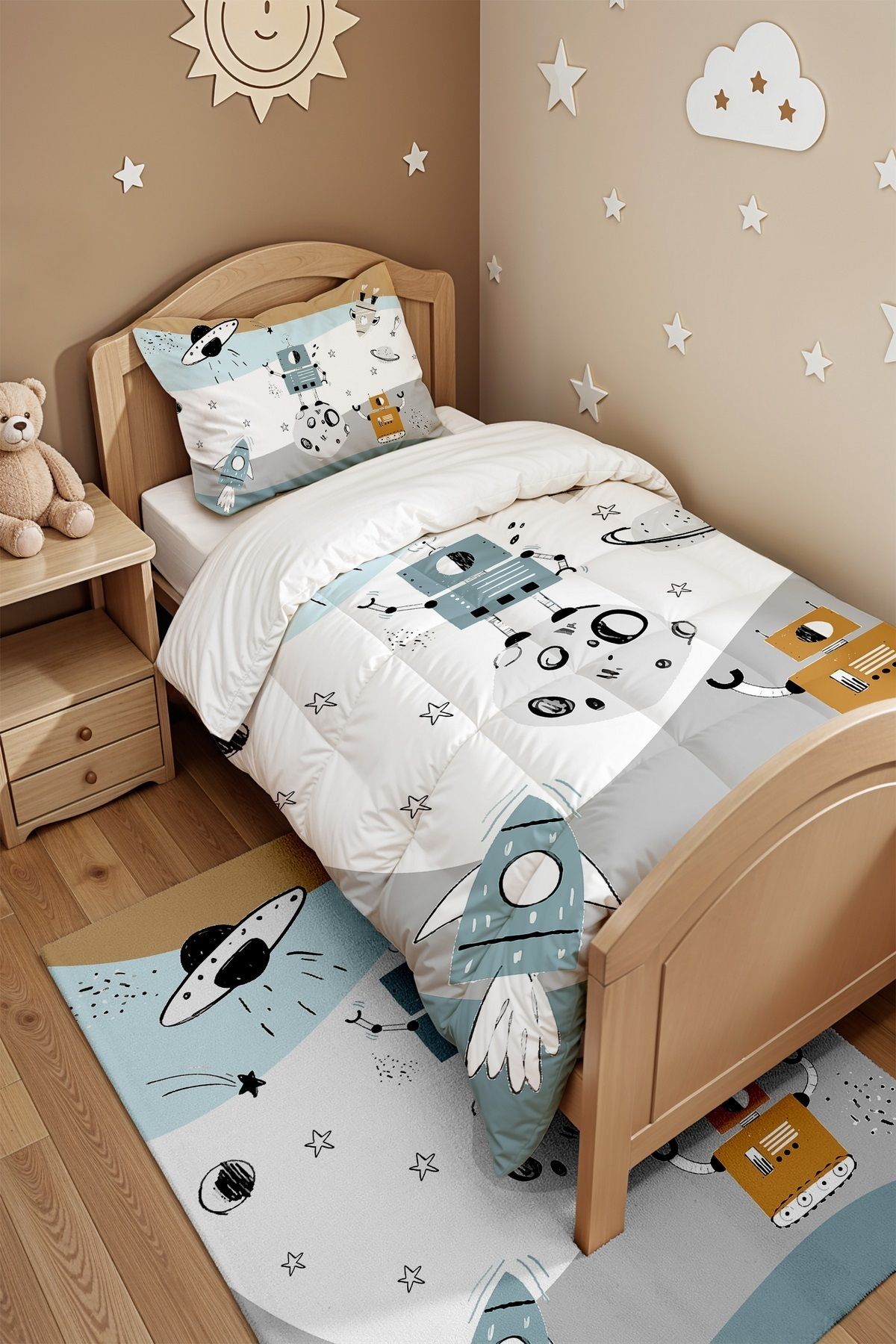 EVPANYA-Blue Fun Robot Patterned Single Quilt and Pillowcase 4
