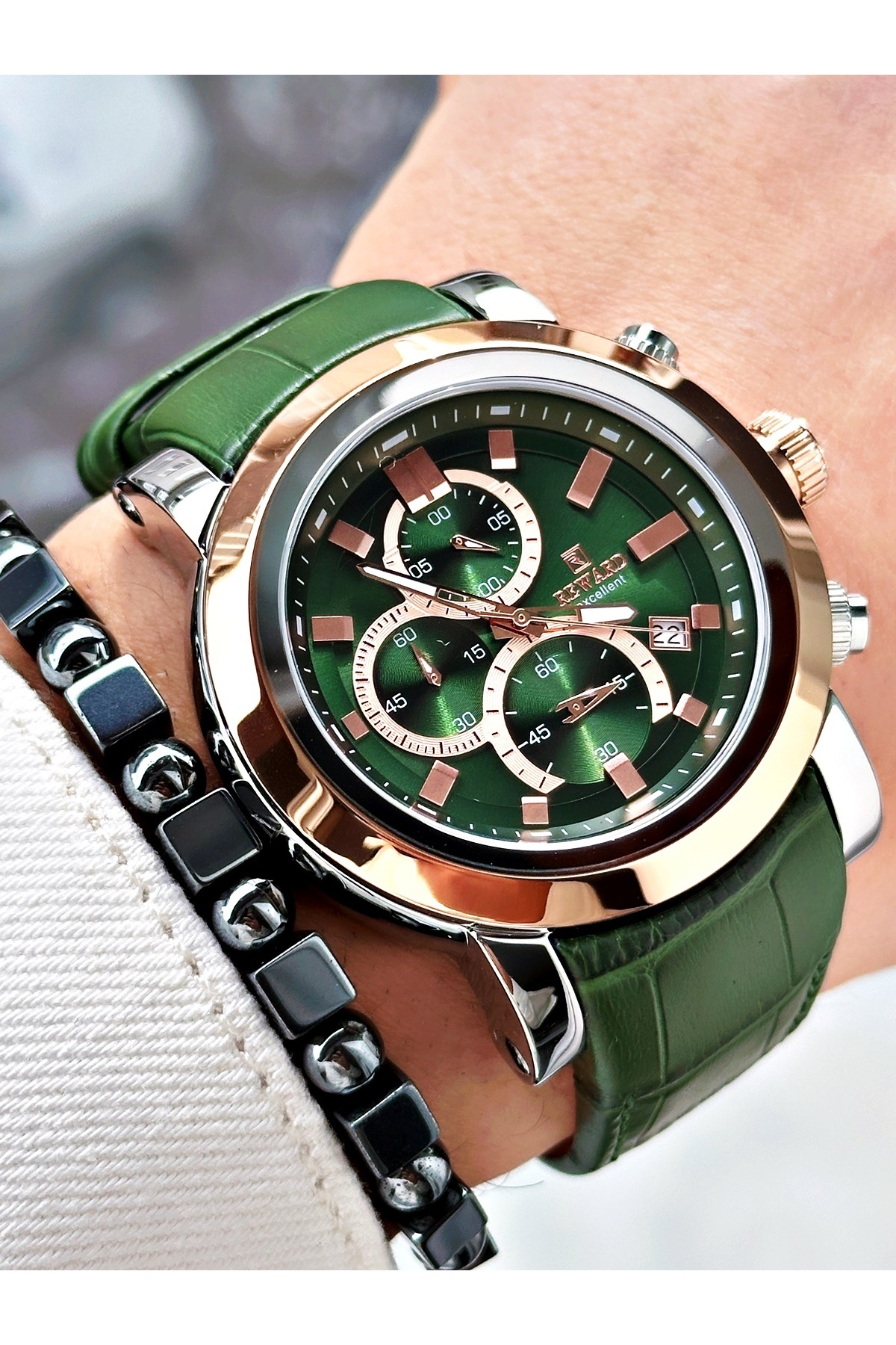 Reward-Green Color Steel Case Function Business Leather Band Men's Wristwatch + Bracelet 3