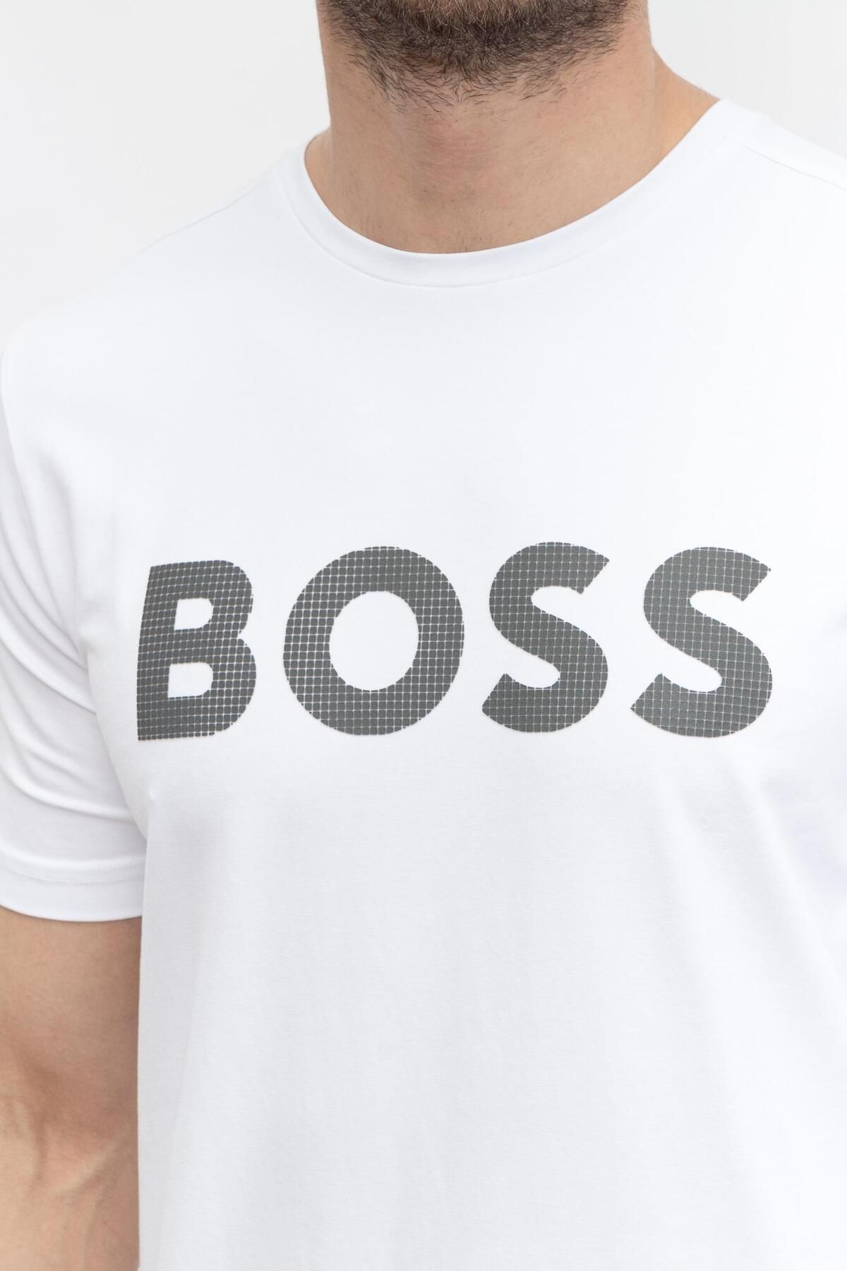 تی شرت سفید مردانه آرم بازتابنده یقه دوچرخه طرح دار با پنبه ای مناسب پیراهن T Tring 1 BOSS