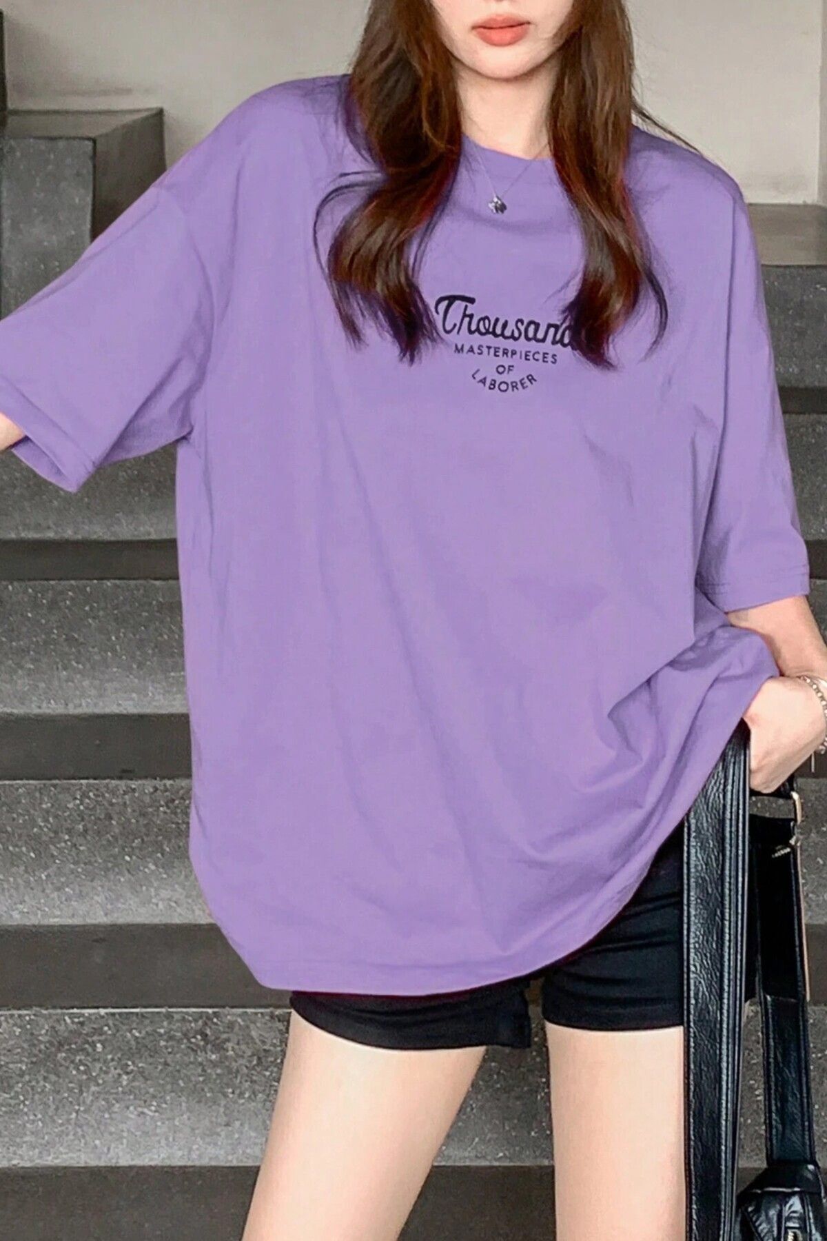 Know-Women's Purple Crew Neck Thousand Printed Oversize T-Shirt 3
