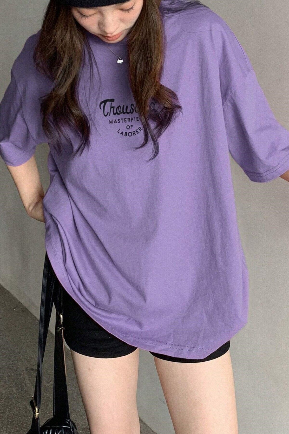 Know-Women's Purple Crew Neck Thousand Printed Oversize T-Shirt 5