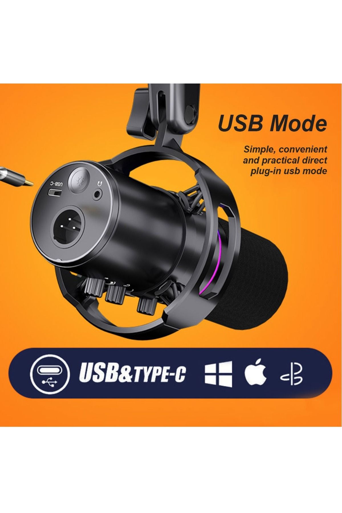 FlashHawk-XLR/USB Dynamic Microphone Kit, RGB Podcast Mic with Mute, Gain Knob, Volume Control 4