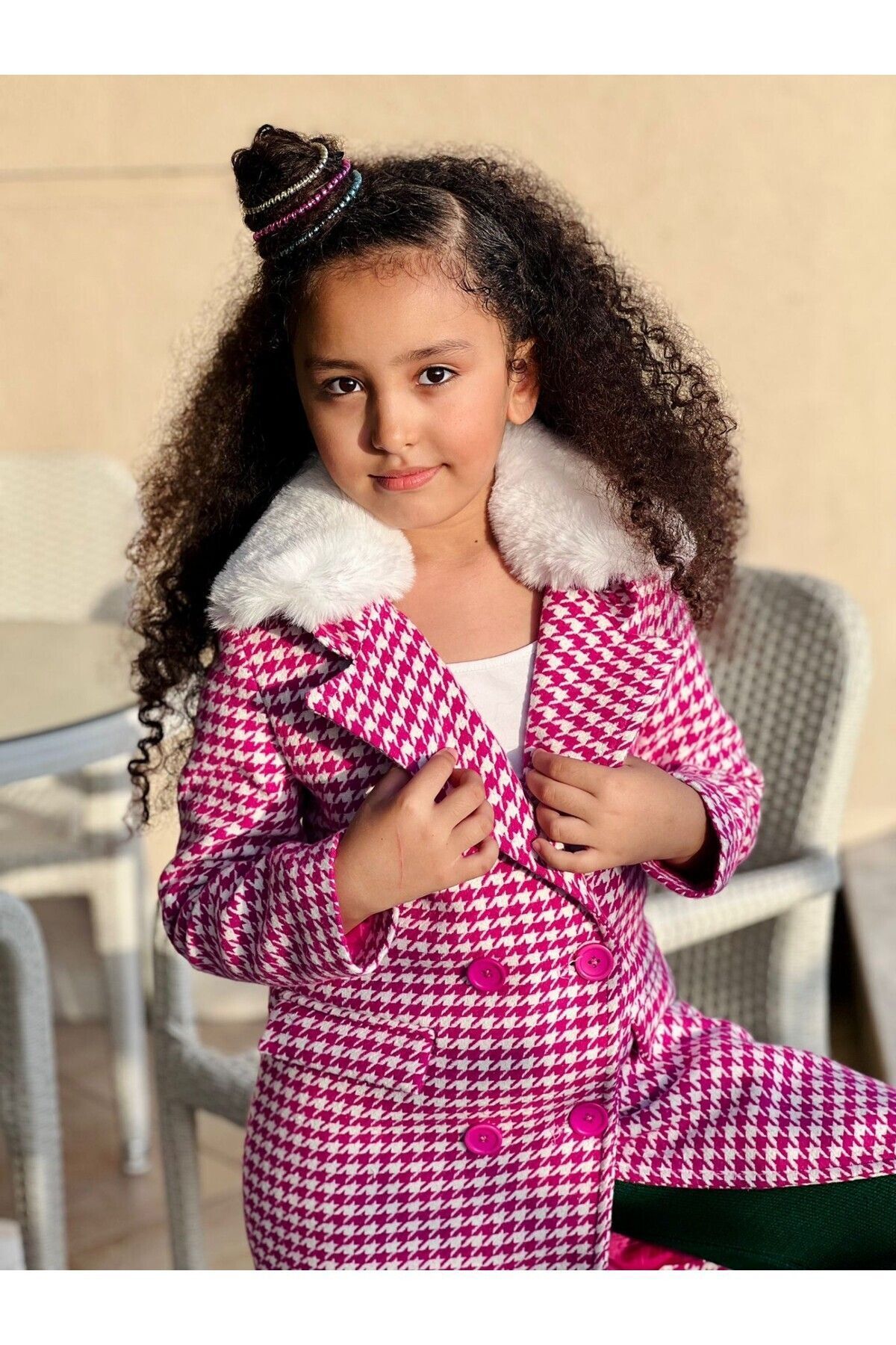 Hilal Akıncı Kids Saks Kazayağı Model Yakası Kürklü Içi Astarlı Kaban