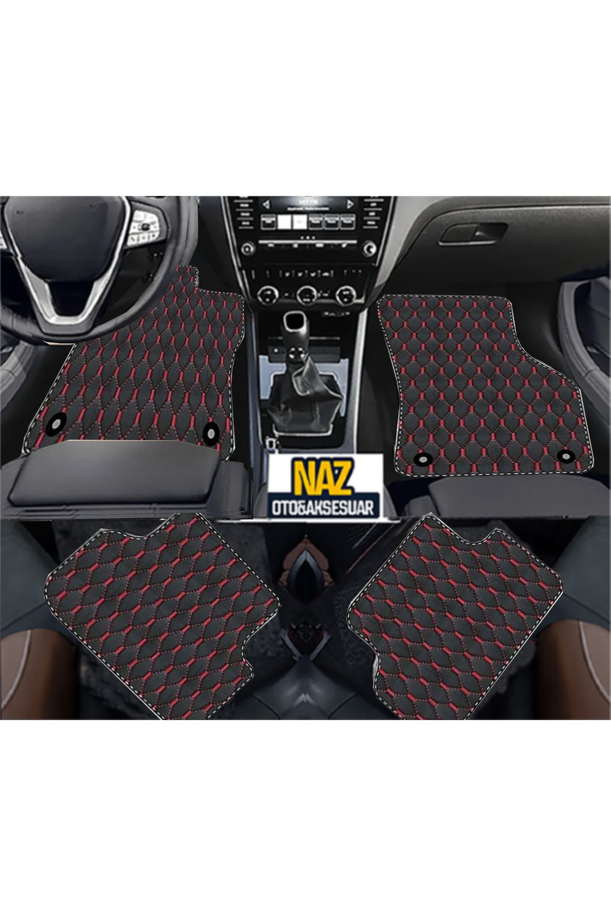 NAZ OTO Fiat 500x-2015 + Uyumlu Kırmızı Dikişli Siyah Deri Paspas