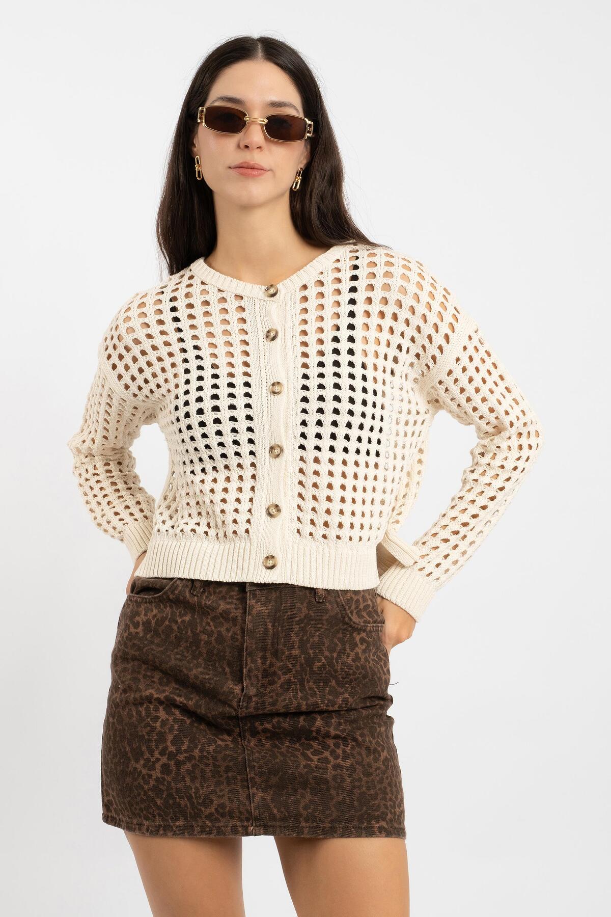 RTD&VLD  Kadın Vita 187 Trend Ajurlu / Delikli Mevsimlik Geniş Kalıp Düğmeli Triko Hırka Ekru - Görsel 4