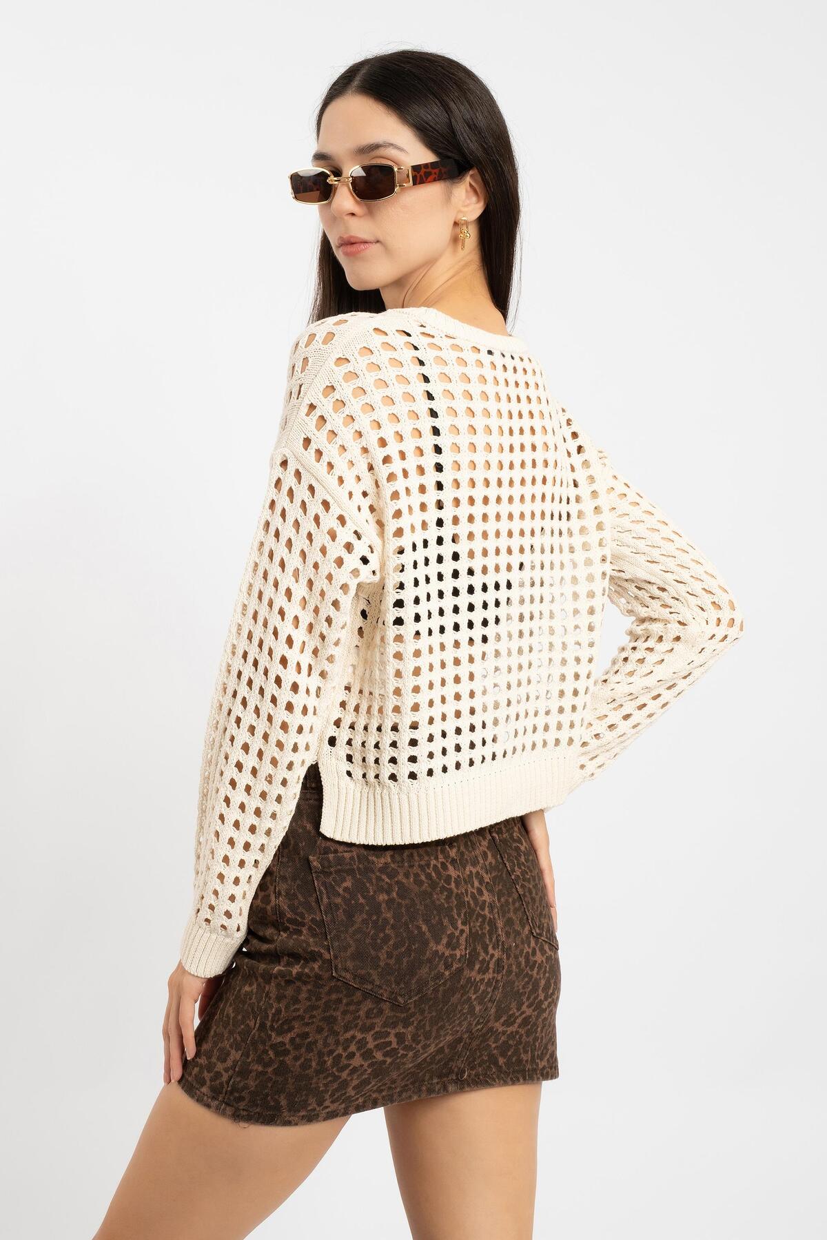 RTD&VLD  Kadın Vita 187 Trend Ajurlu / Delikli Mevsimlik Geniş Kalıp Düğmeli Triko Hırka Ekru - Görsel 3