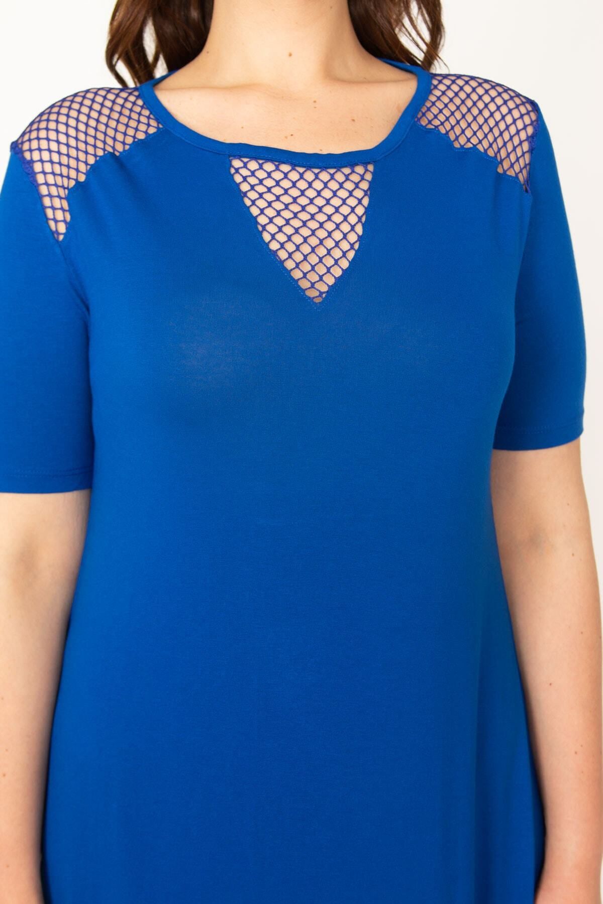 Şans-Women's Large Size Saks Mesh Detailed Viscose Dress 65n24063 4