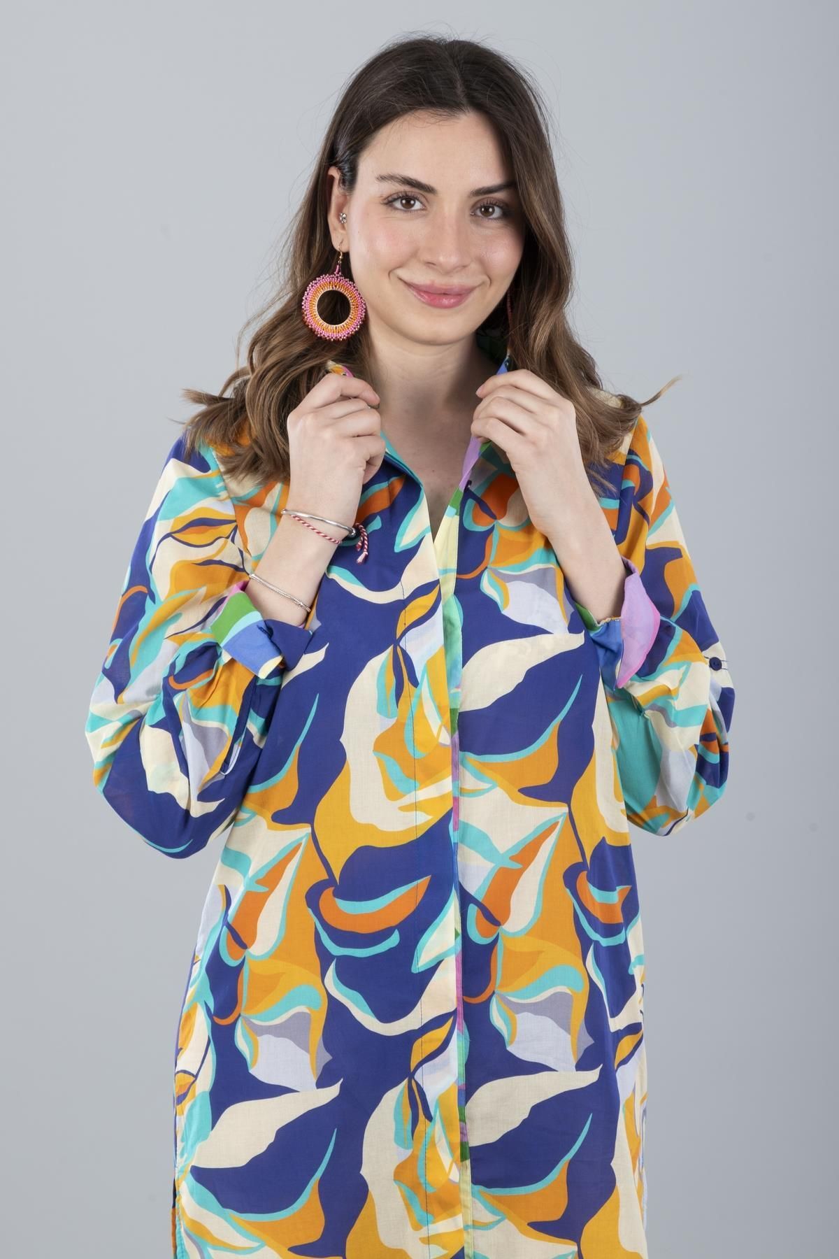 Bonitas Beachwear-Vual Long Sleeve Patterned Shirt Navy Blue Flower 3