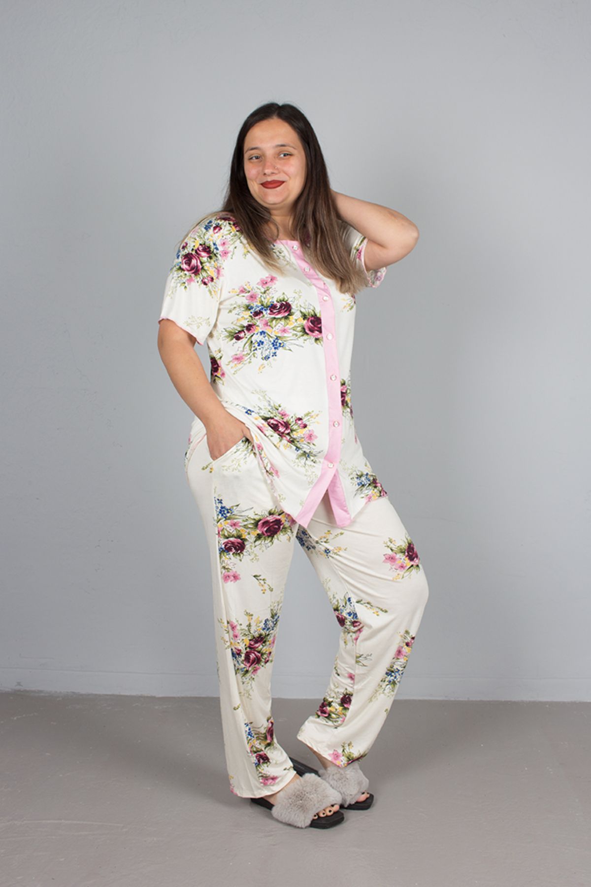 Truva XXL-Large Size Floral Patterned Lycra Buttoned Pajama Set 4