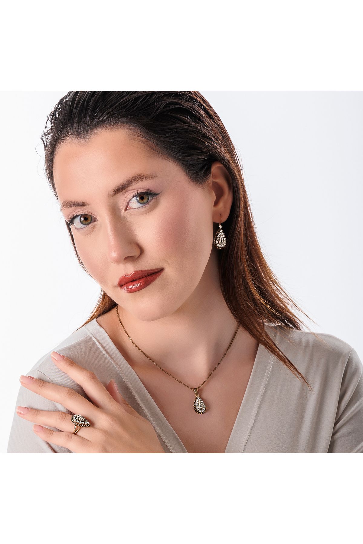 Atelier LEO Handmade Jewellery KLASİK SU DAMLASI TAKIM YÜZÜK NO:5 BAKIR EL YAPIMI KARARMA YAPMAZ KADIN TAKI SETİ