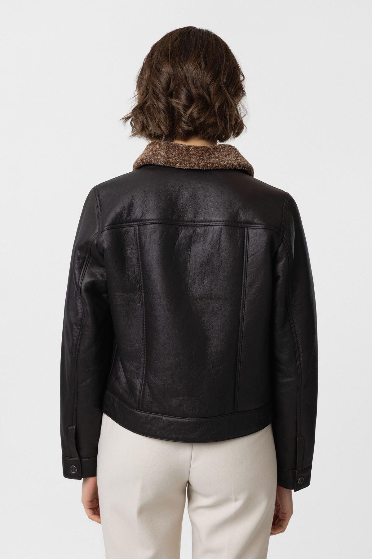 Deriderim-Coffee Iris Sleeves and Inner Size Lamb Fur Women's Coat 6