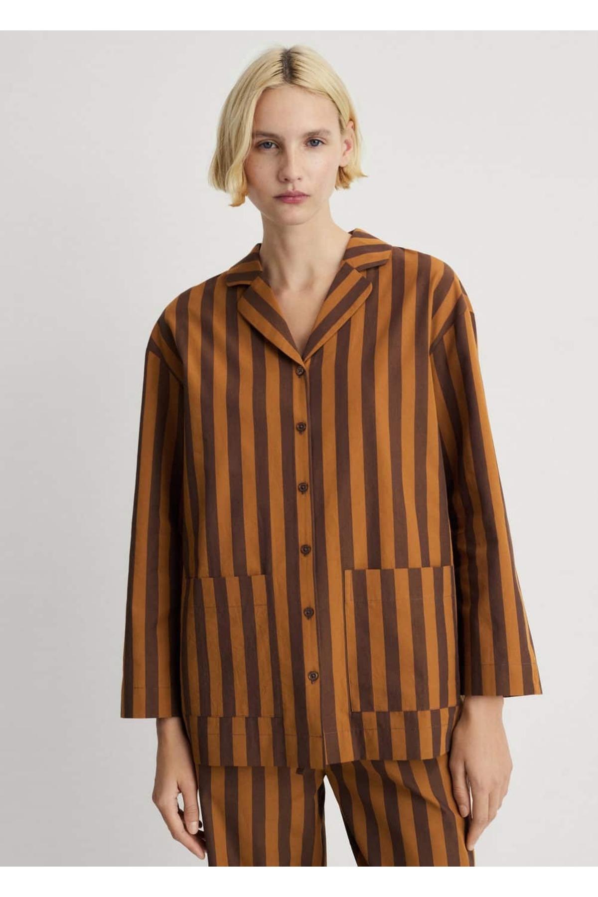 İki renkli dokuma çizgili uzun gömlek