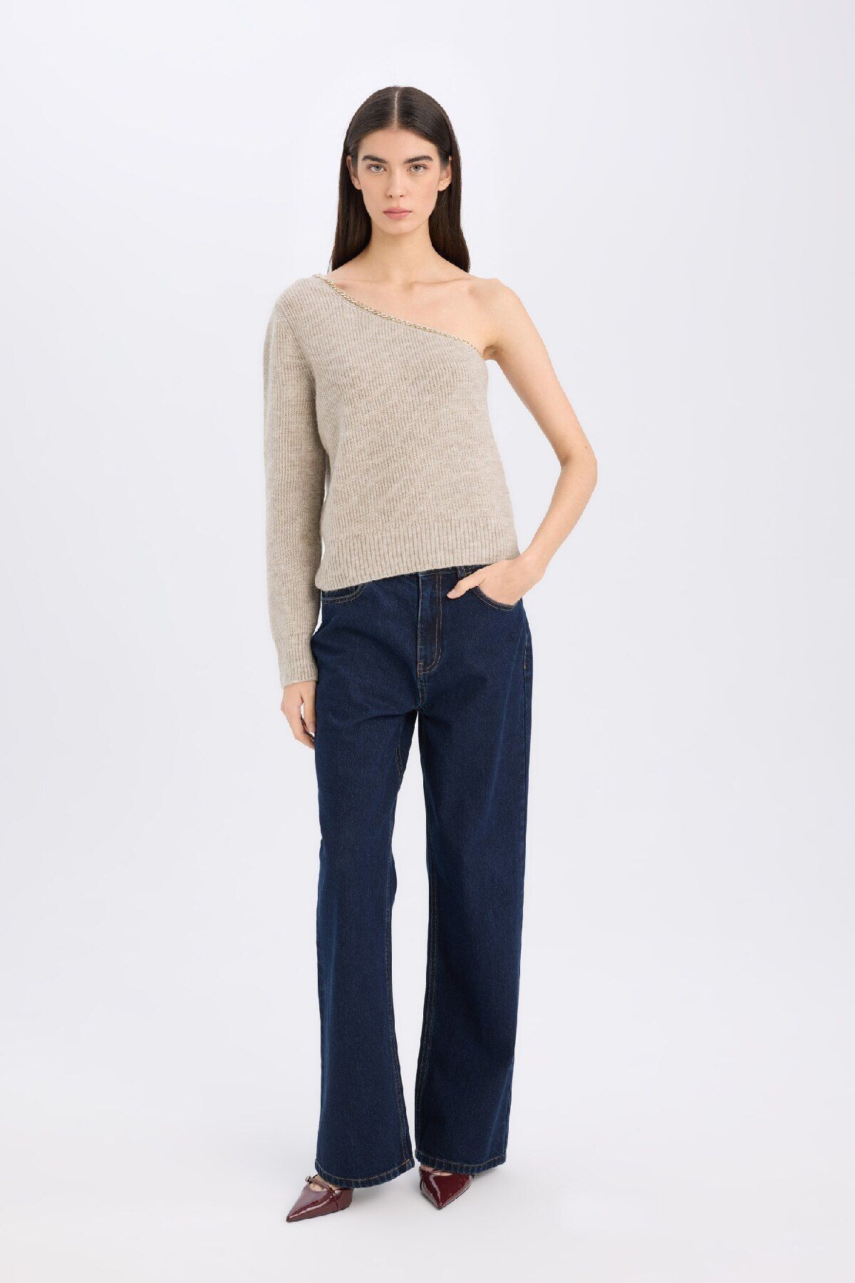 DeFacto-Regular Fit One Shoulder Basic Plain Knitwear Sweater E2308Ax24Wn 2