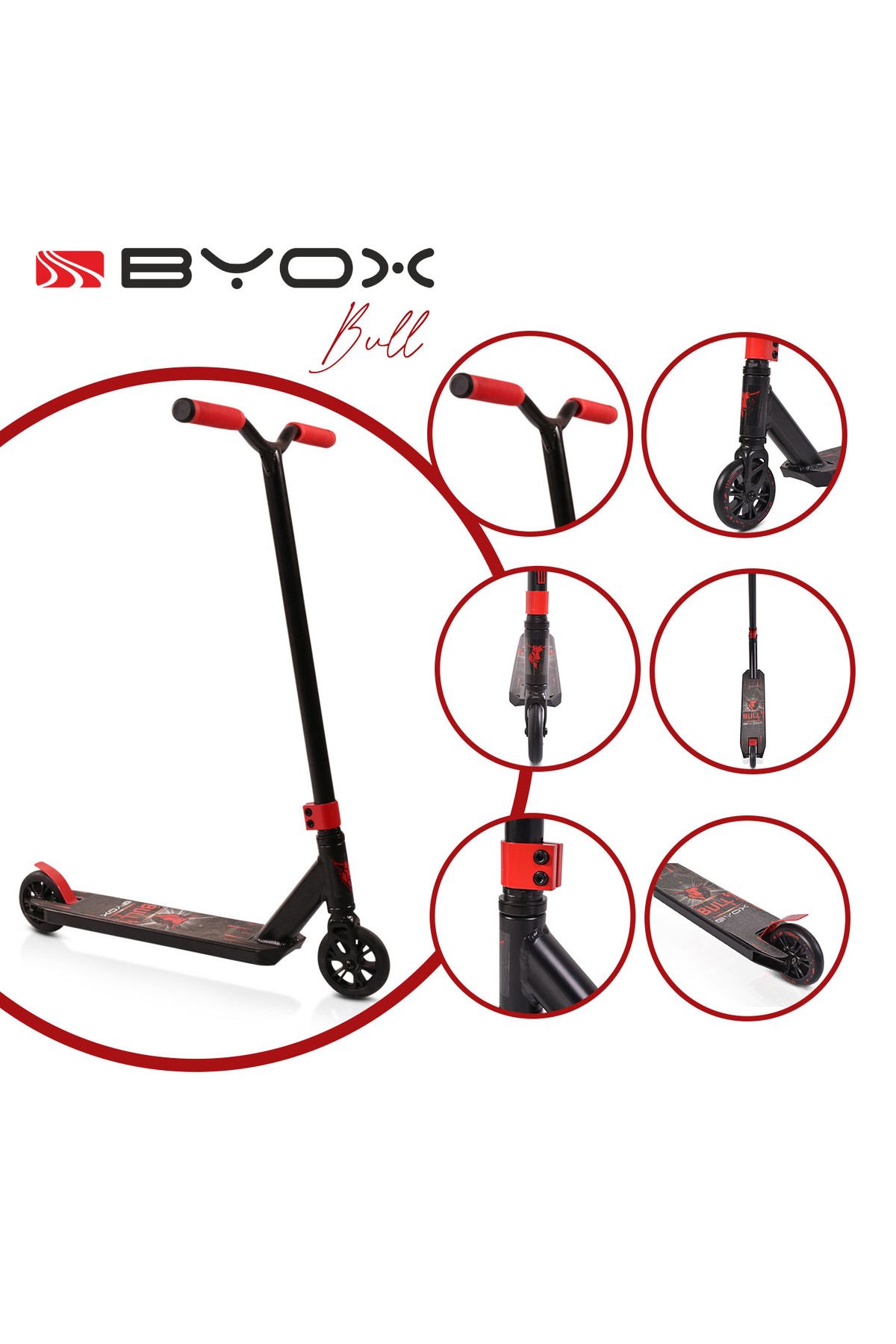 OEM Trotineta Copii Freestyle Din Aluminiu Byox Bull Negru Rosu, Ghidon Rotativ 360 Grade,varsta 8 Ani + Unisex - One Size