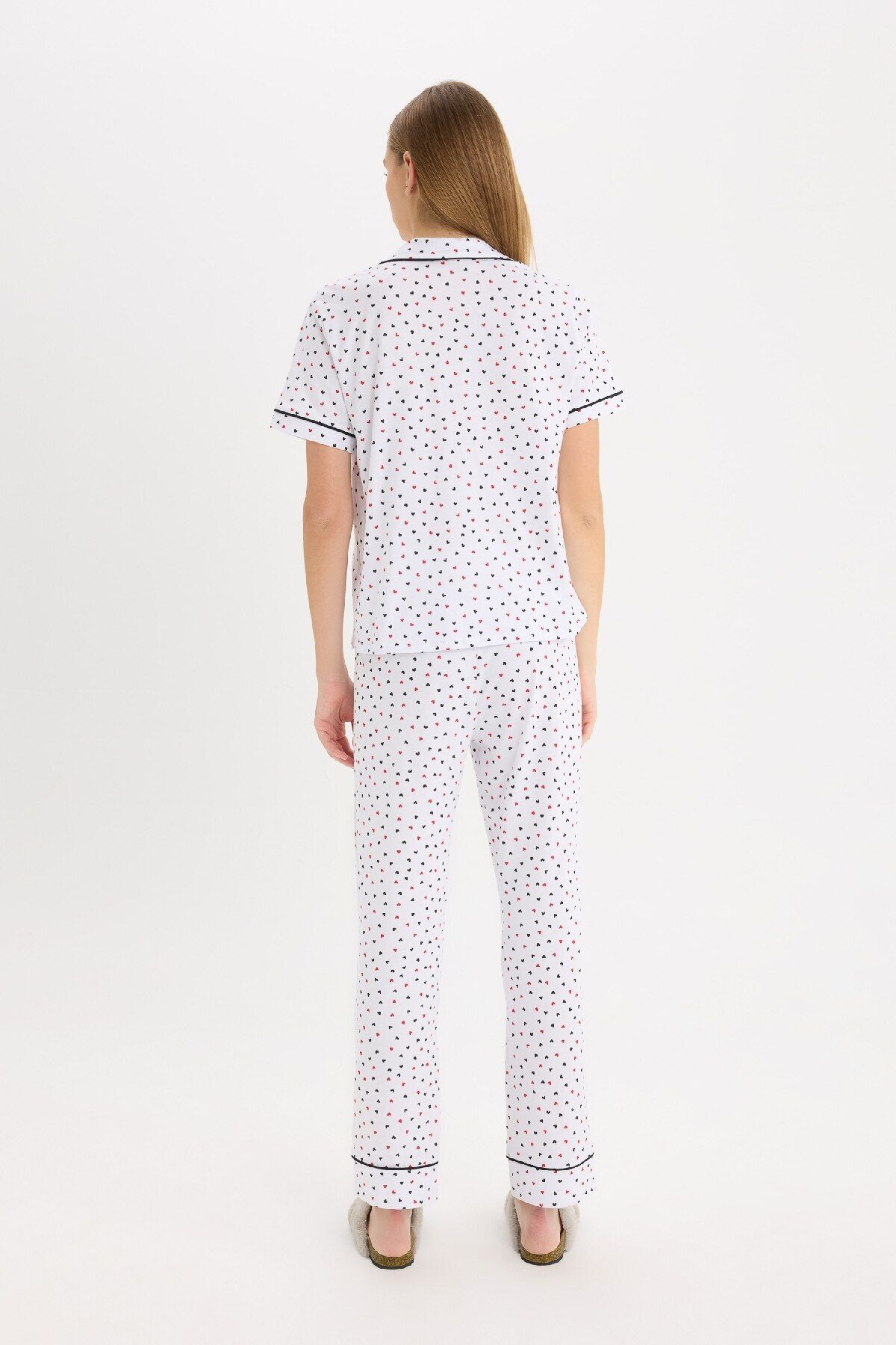 DeFacto-Pajama Set Short Sleeve Button Top Flexible Waisted Long Bottom-Fall in Love D8455Ax25Sp 7